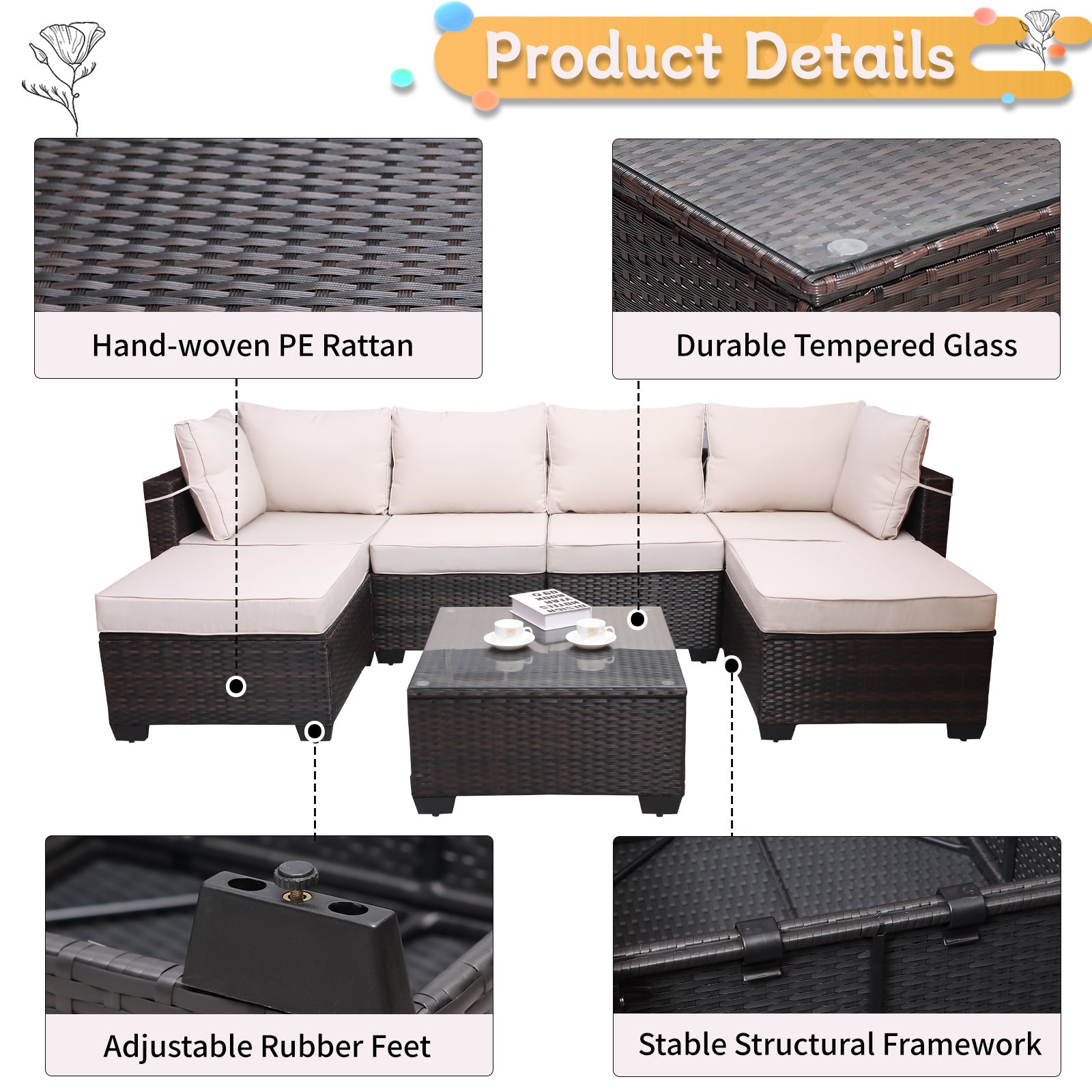 Outdoor Garden Patio Furniture 7 Piece Pe Rattan Wicker Cushioned Sofa Sets And Coffee Table, Patio Furniture Set Outdoor Couch Outdoor Couch Patio Furniture Outdoor Sofa Patio Couch Yes Complete Patio Set Brown Beige Rust Resistant Frame Water Resistant