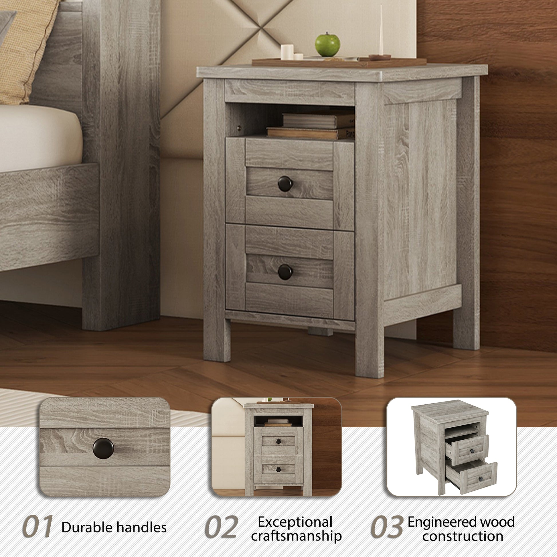 2 Drawer Farmhouse Wooden Nightstand With Well Proportioned Design And Sleek Lines, Wood Side Table With Storage Cabinet For Bedroom, Antique Gray Antique Gray Particle Board