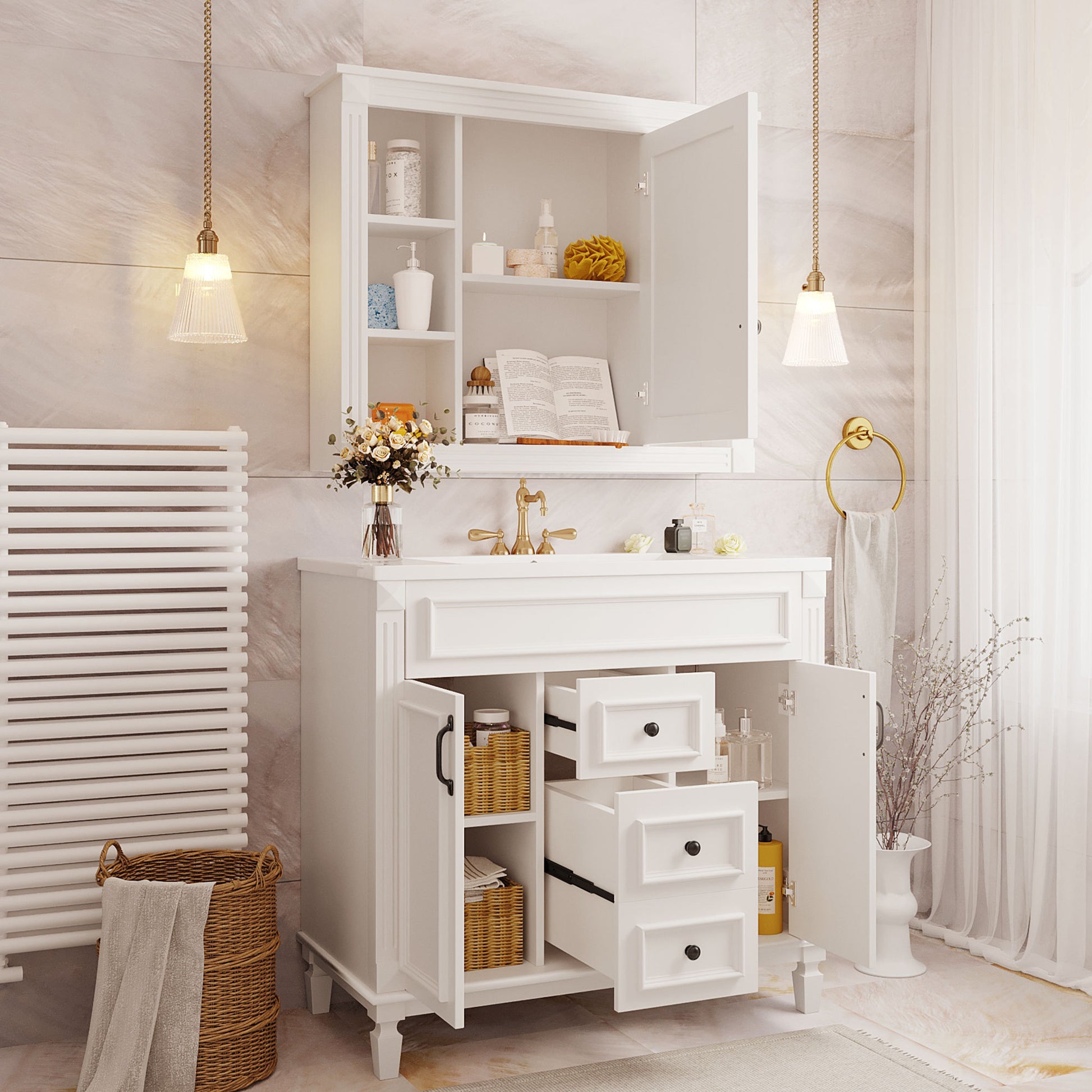 36'' Bathroom Vanity With Top Sink, White Mirror Cabinet, Modern Bathroom Storage Cabinet With 2 Soft Closing Doors And 2 Drawers, Single Sink Bathroom Vanity White Bathroom Mdf