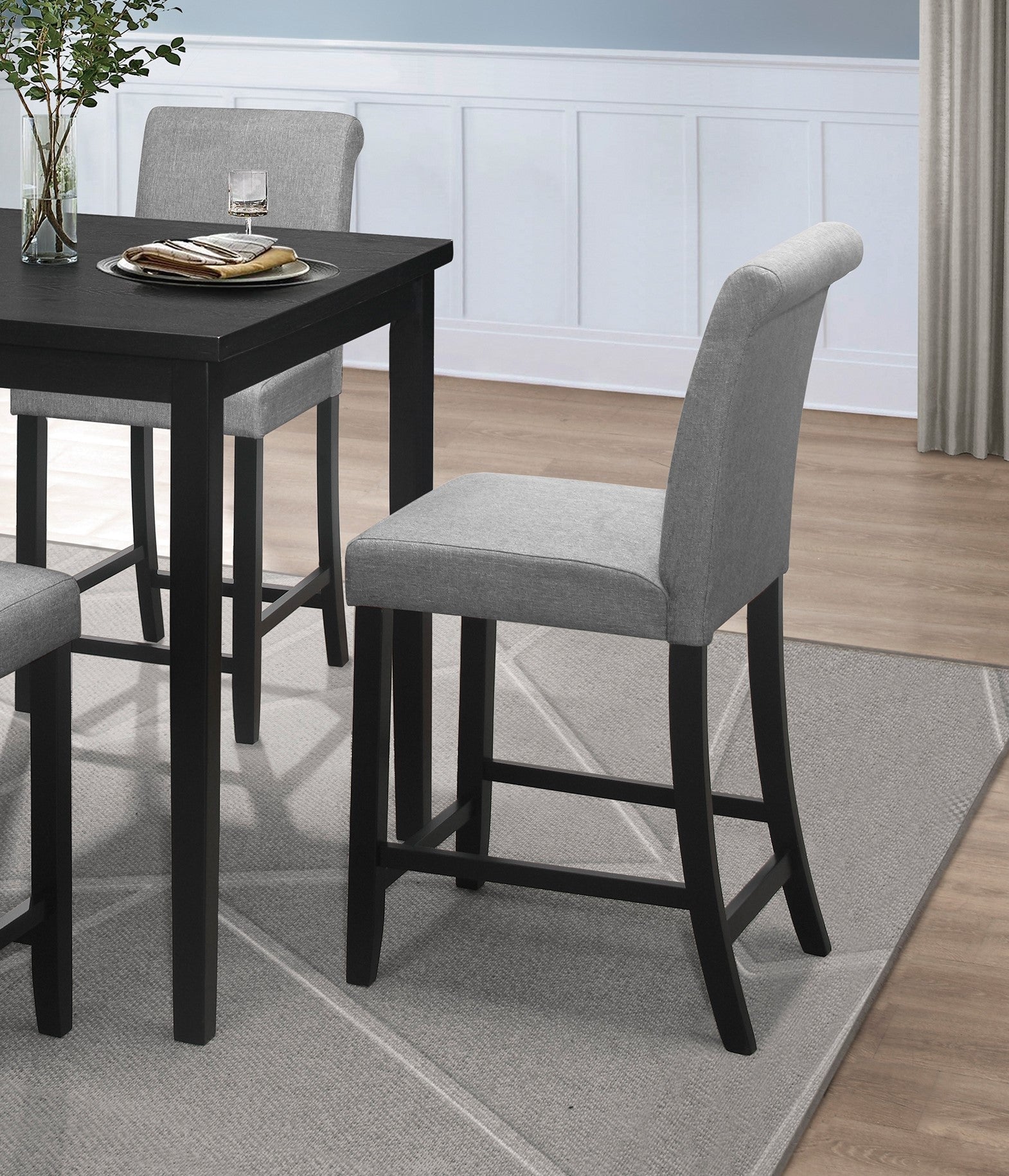 Counter Height Chairs Set Of 2 Black Finish Upholstered Gray Padded Seat Back Transitional Dining Kitchen Wooden Furniture Gray Dining Room Casual,Transitional Wood