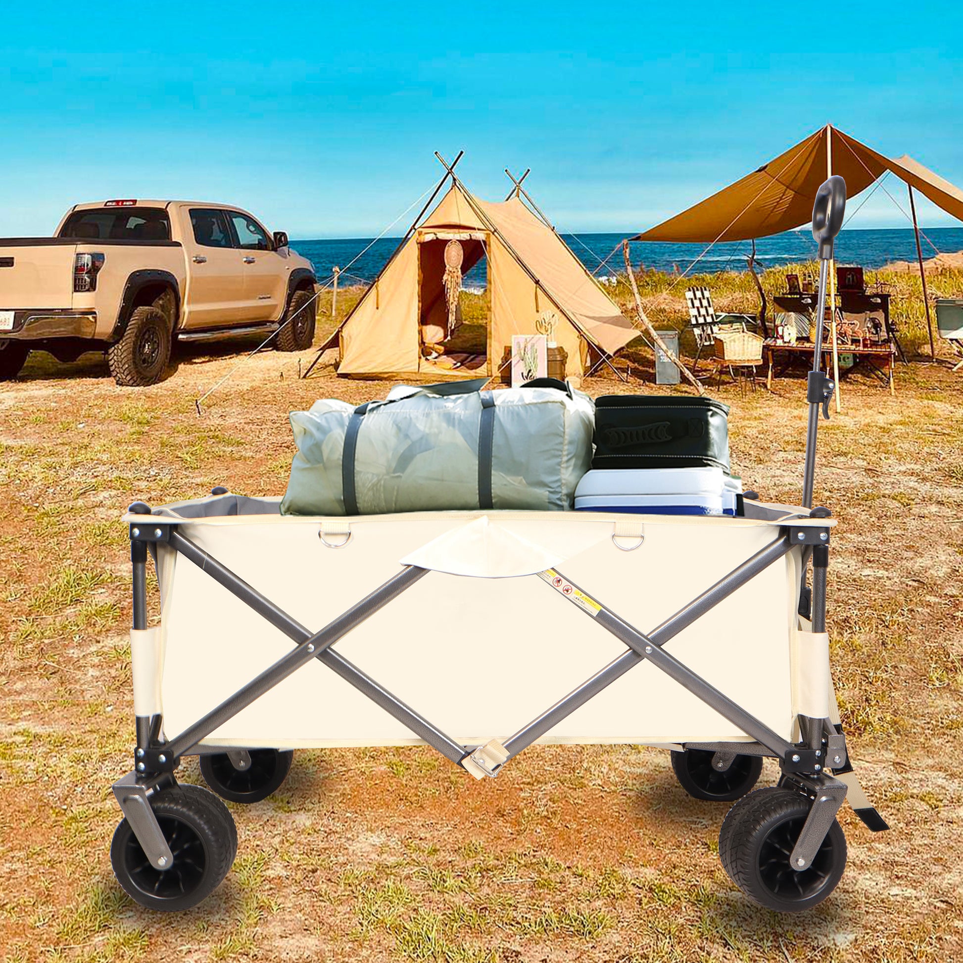 Folding Wagon, Heavy Duty Utility Beach Wagon Cart for antique white+gray-garden & outdoor-american