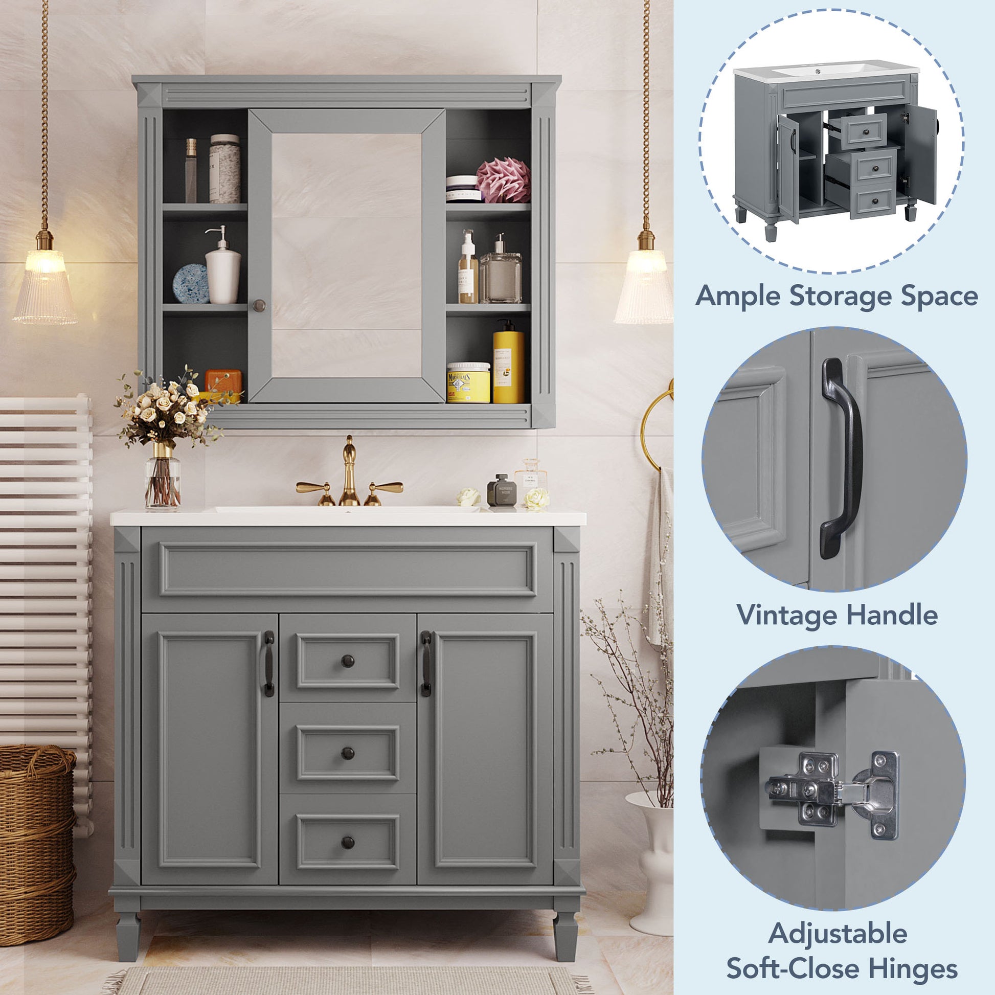 36'' Bathroom Vanity With Top Sink, Grey Mirror Cabinet, Modern Bathroom Storage Cabinet With 2 Soft Closing Doors And 2 Drawers, Single Sink Bathroom Vanity Grey Bathroom Mdf