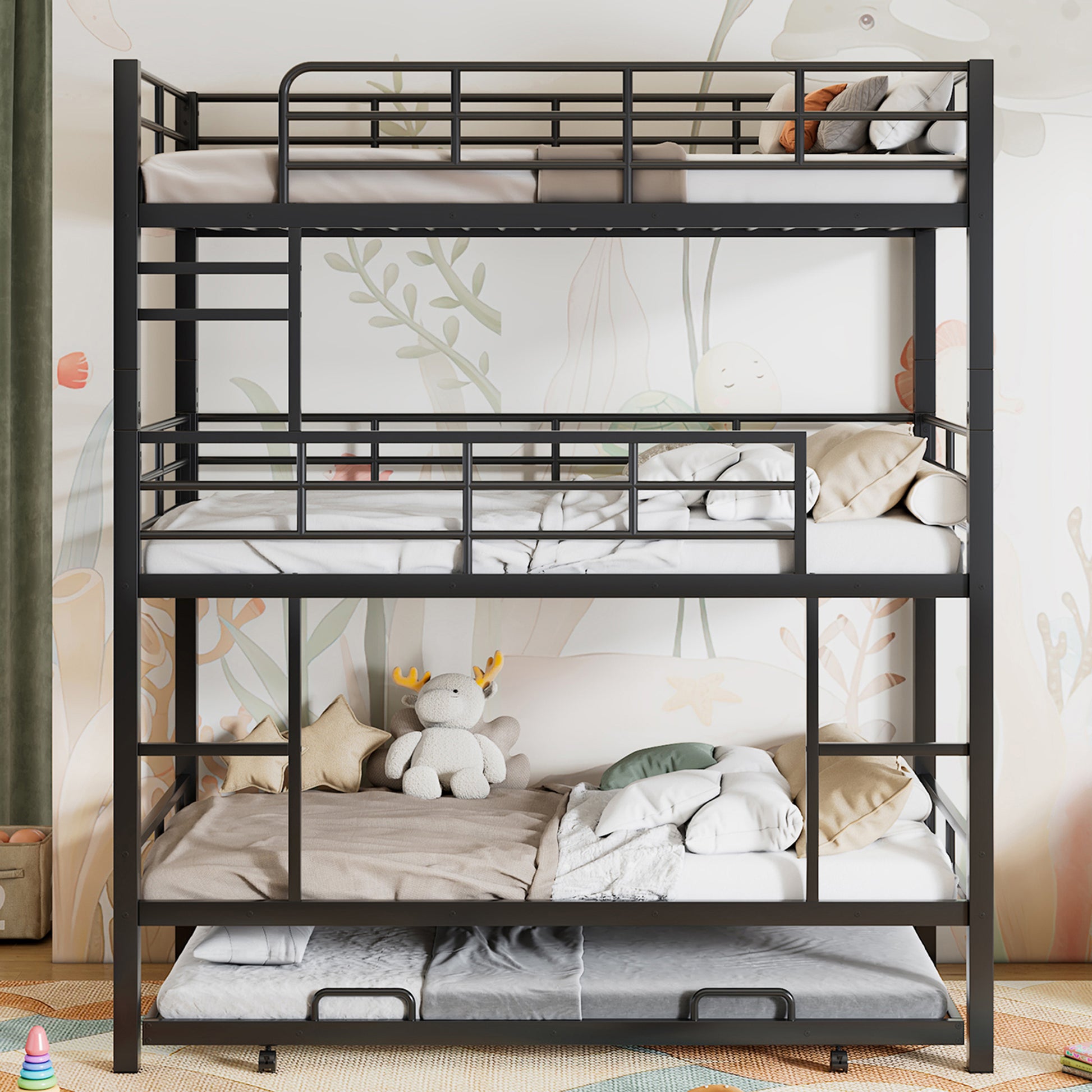 Metal Twin Size Triple Bunk Bed With Trundle, Black Antique Black Metal