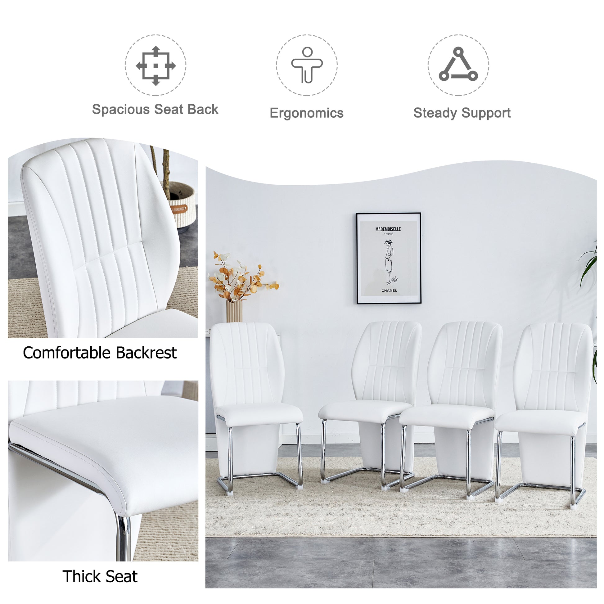 Set Of 4 Dining Chairs, White Dining Chair Set, Pu Material High Backrest Seats And Sturdy Leg Chairs, Suitable For Restaurants, Kitchens, Living Rooms White Pu