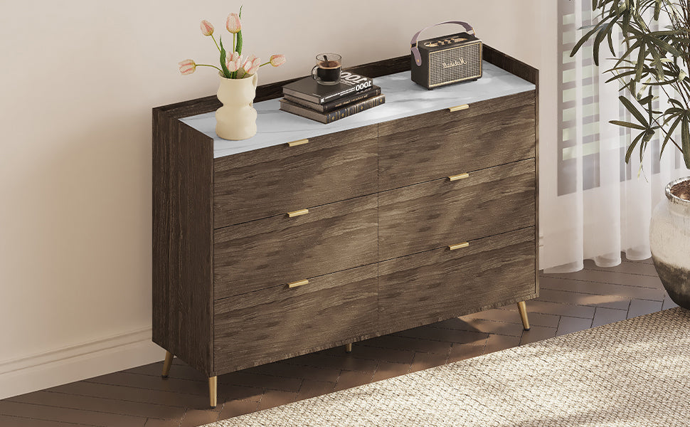 55" Long 6 Drawer Dresser With Marbling Worktop, Mordern Storage Cabinet With Metal Leg And Handle For Bedroom,Walnut Walnut Mdf Metal