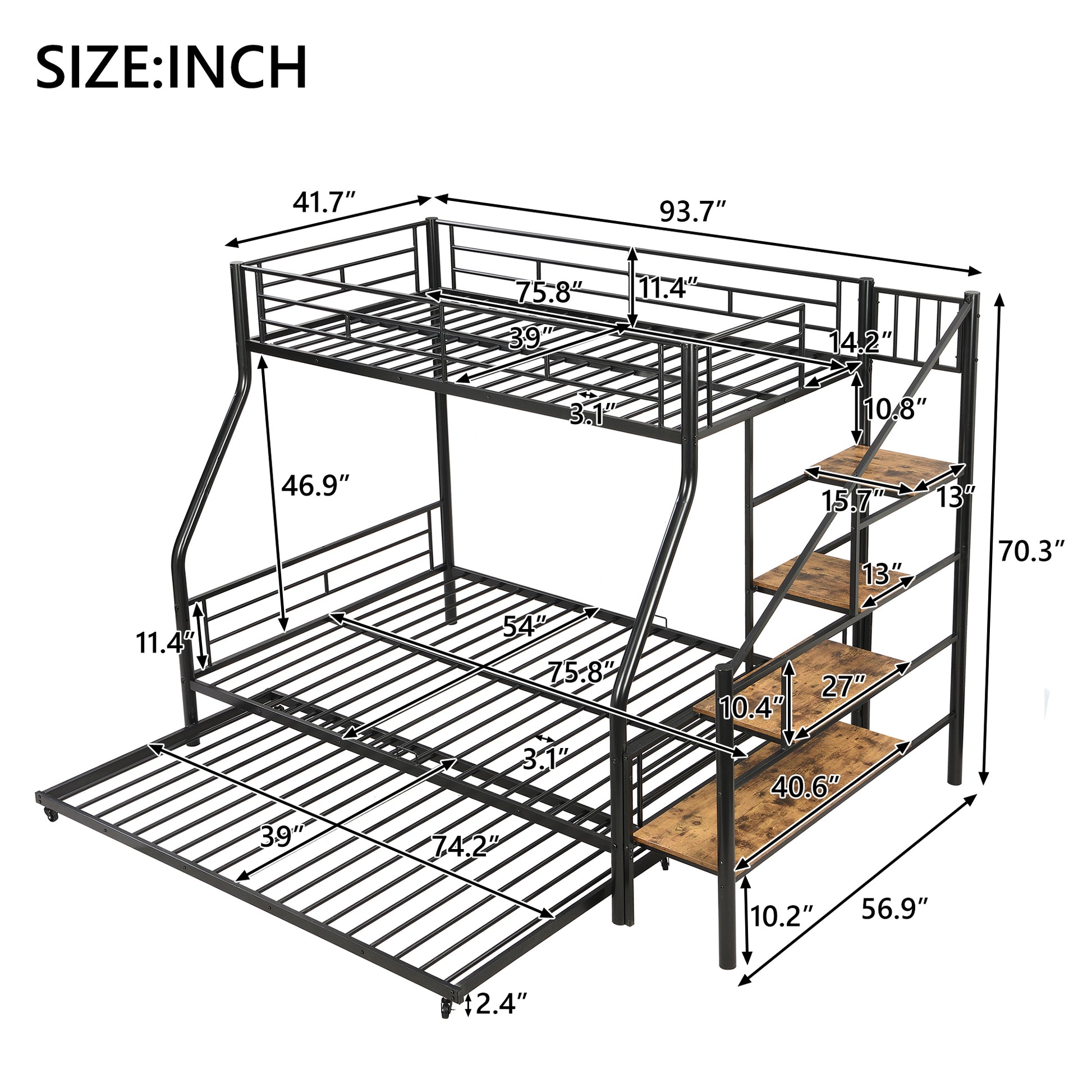 Twin Over Full Size Metal Bunk Bed With Trundle And Storage Staircase, Black Twin Black Metal