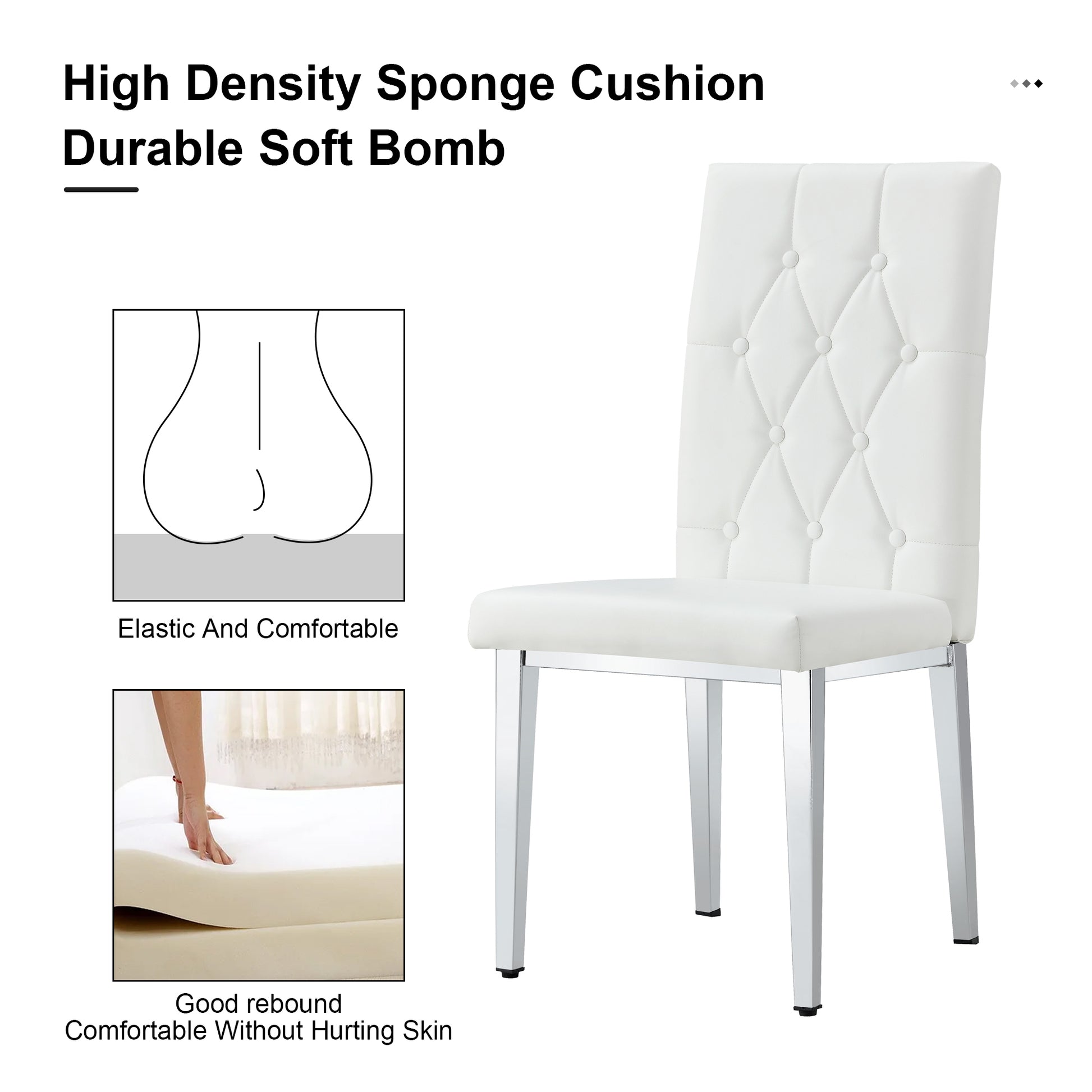 4 Piece Dining Chair Set, Modern Style Kitchen Soft Cushion High Backrest, With Embedded Buttons, Metal Leg Office Chair, Suitable For Restaurants, Offices, And Restaurants. White Pu