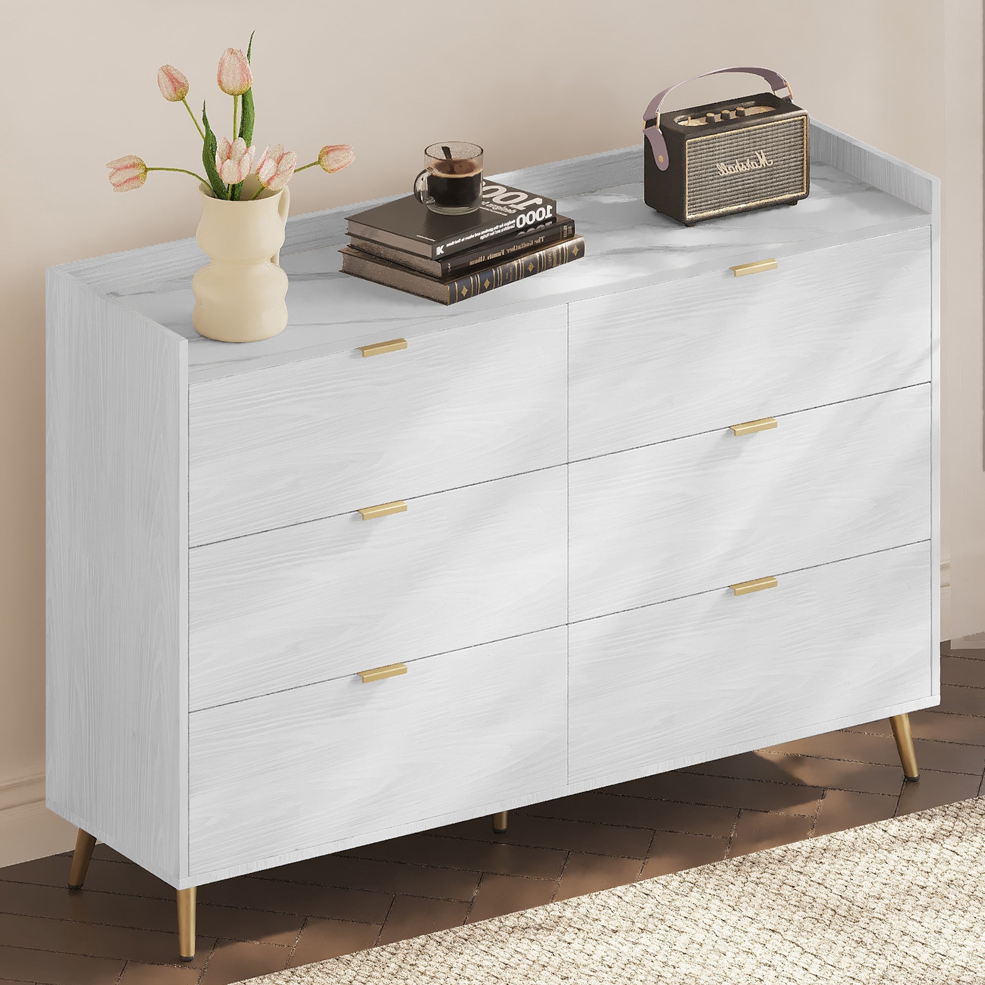 55" Long 6 Drawer Dresser With Marbling Worktop, Mordern Storage Cabinet With Metal Leg And Handle For Bedroom, White White Mdf Metal