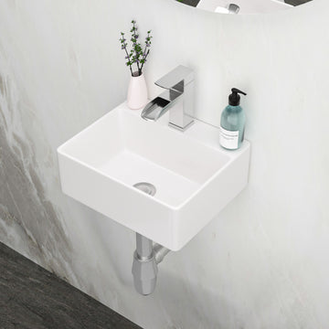 13.6X11.6 Inch White Ceramic Rectangle Wall Mount Bathroom Sink With Single Faucet Hole White Ceramic