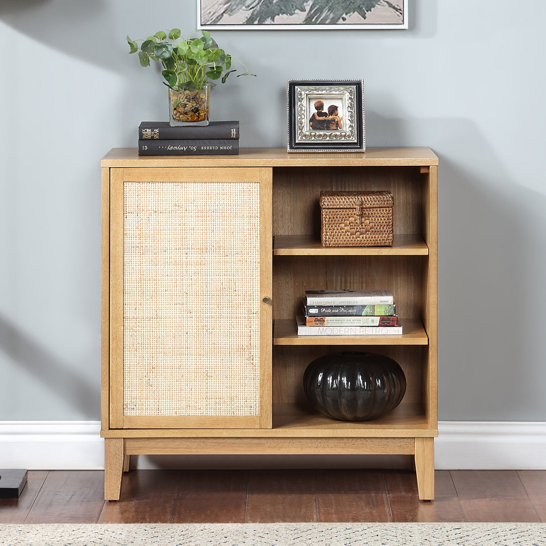 Buffet Cabinet With Storage,Storage Cabinet With Natural Rattan Decorated Doors,Rattan Cabinet With Adjustable Shelf,Sideboard For Living Room,Kitchen,Hallway,1 Doors, Shelf With Storage, Natural Natural Rubber Wood