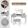 Mirrored Vanities Desk With Drawers, Bedroom Makeup Vanity Table Set With Mirror And Stool, Flip Up Dressing Table For Bedroom Makeup Room, Working Desk For Women, Girl Furniture Combo Hinged Silver White Drawer 2 Drawers Bedroom Felt Lined Drawers