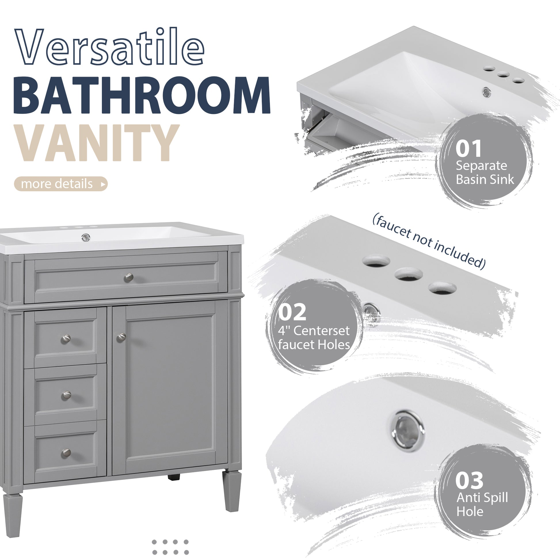 30'' Bathroom Vanity With Top Sink, Modern Bathroom Storage Cabinet With 2 Drawers And A Tip Out Drawer, Freestanding Vanity Set With Mirror Cabinet, Single Sink Bathroom Vanity 3 Grey 2 5 Bathroom Freestanding Solid Wood Mdf Resin Painted