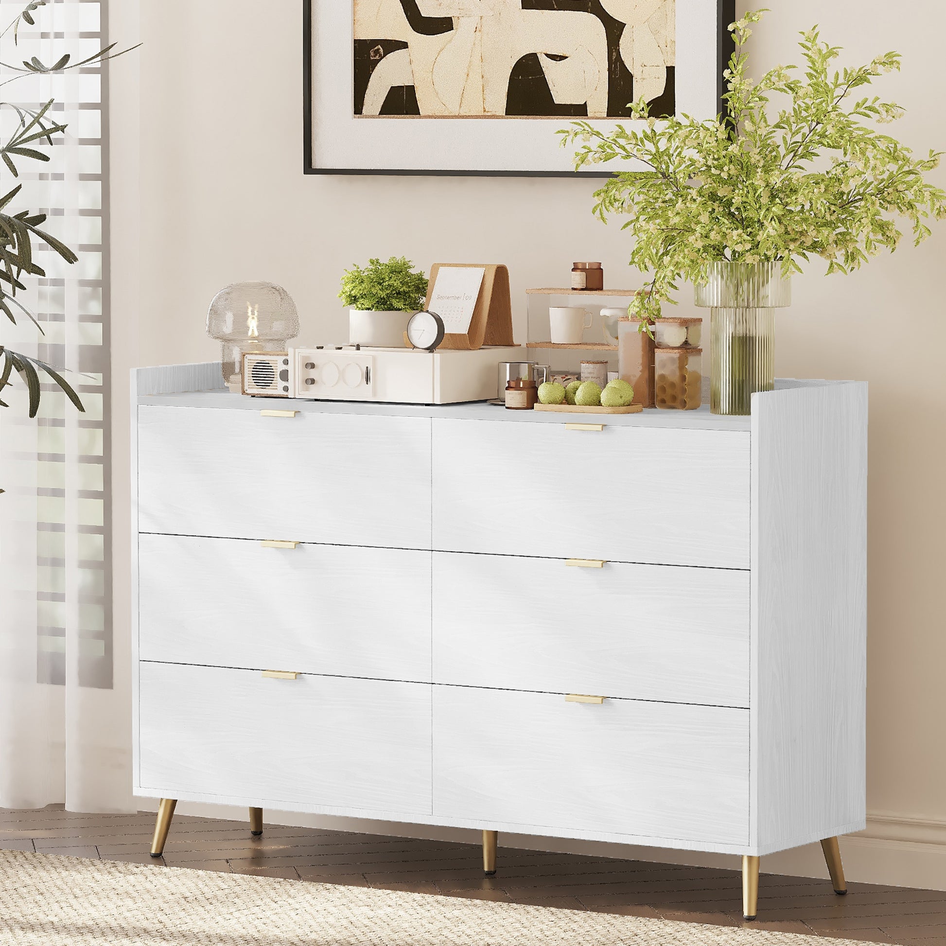 55" Long 6 Drawer Dresser With Marbling Worktop, Mordern Storage Cabinet With Metal Leg And Handle For Bedroom, White White Mdf Metal 55" Long 6 Drawer Dresser With Marbling Worktop, Mordern Storage Cabinet With Metal Leg And Handle For Bedroom, White White Mdf Metal