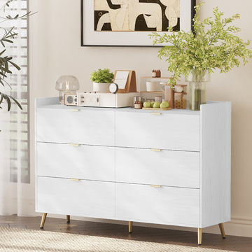 white dresser long for Bedroom with 6 Drawers, Chest of Drawers with Led Li gyfimoie Streamlined silhouette Noble House Paulille White Wood