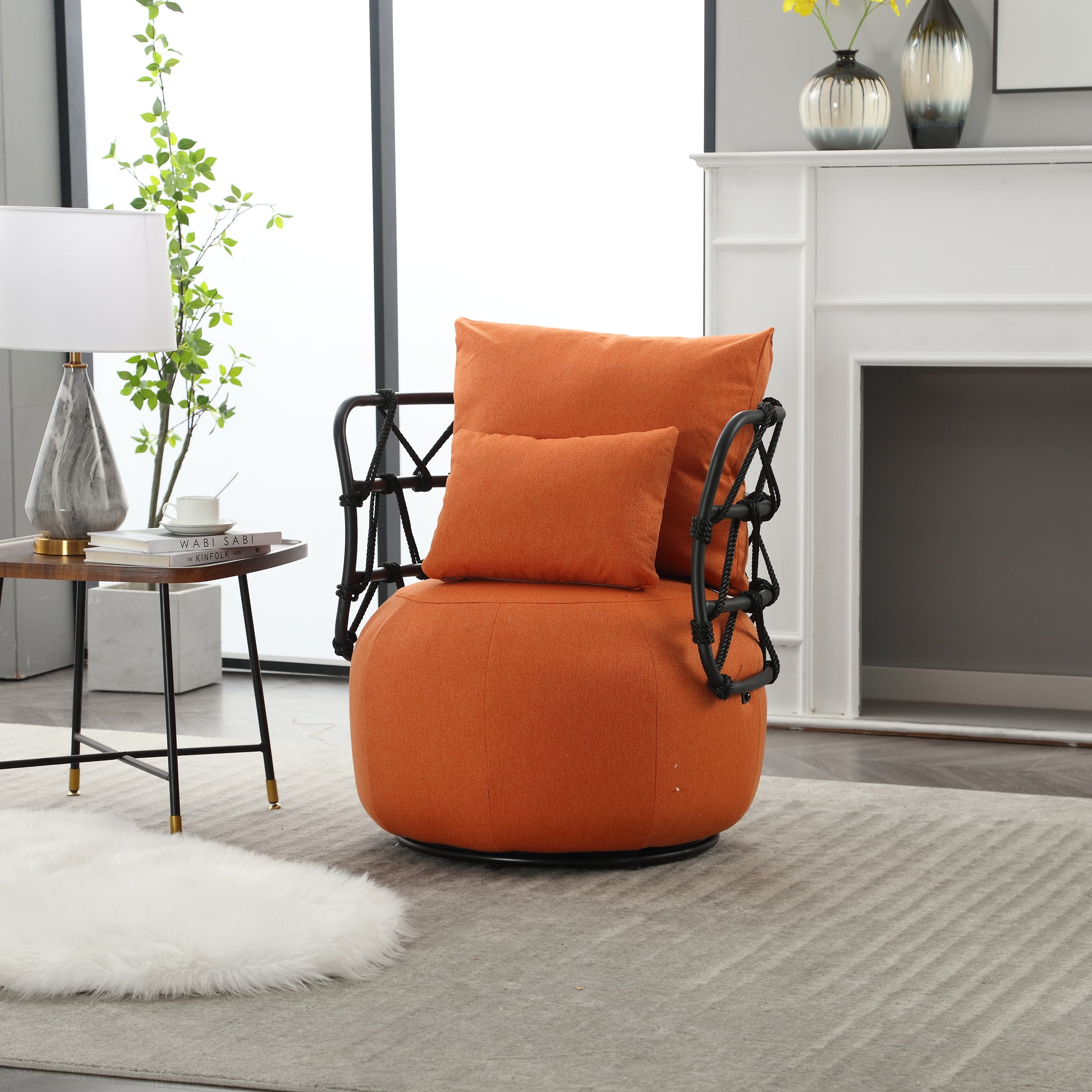 Coolmore Upholstered Tufted Living Room Chair Textured Linen Fabric Accent Chair With Metal Stand Orange Primary Living Space Foam Linen