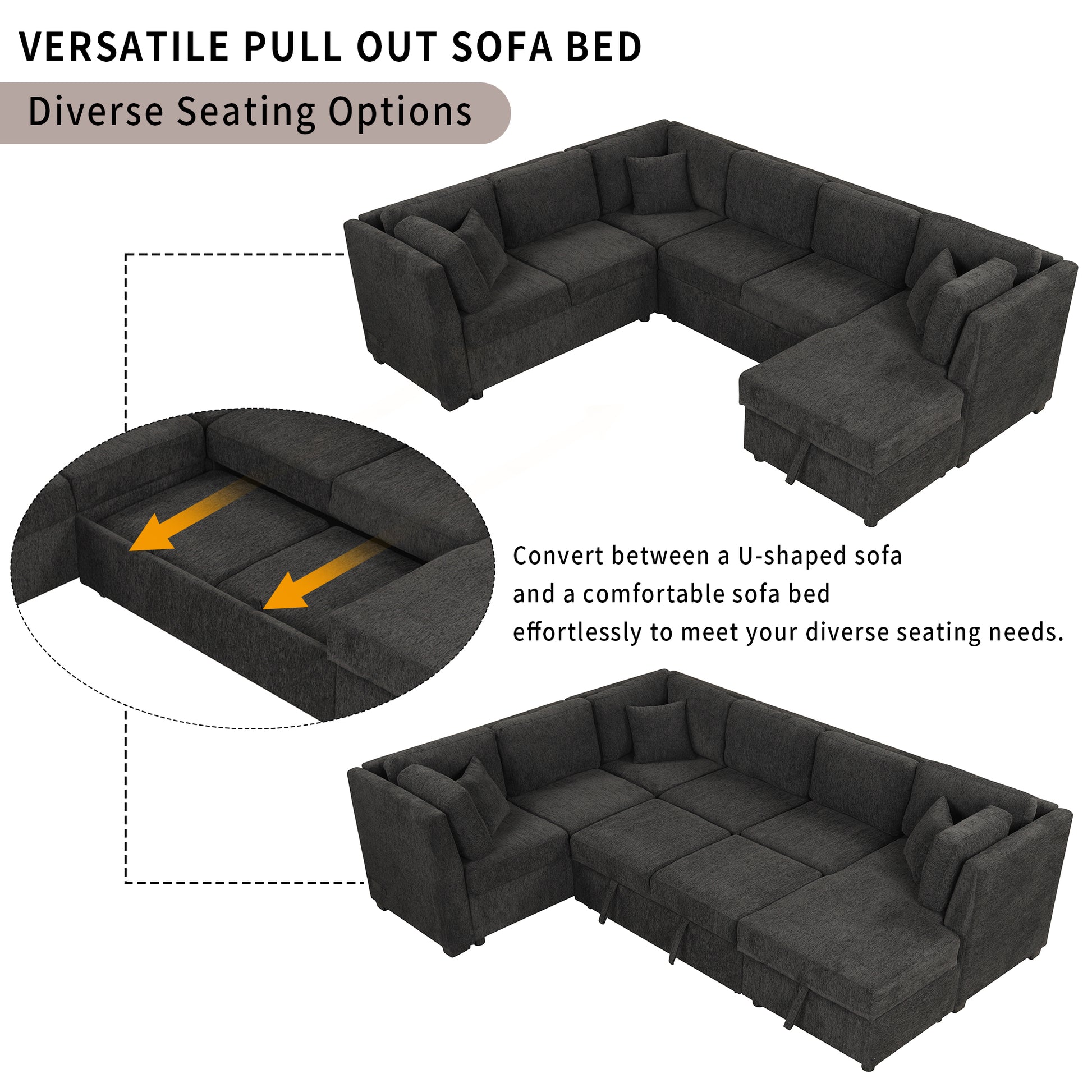 108.6" U Shaped Sectional Sofa Pull Out Sofa Bed With Two Usb Ports, Two Power Sockets, Three Back Pillows And A Storage Chaise For Living Room, Black Black Foam Chenille 5 Seat