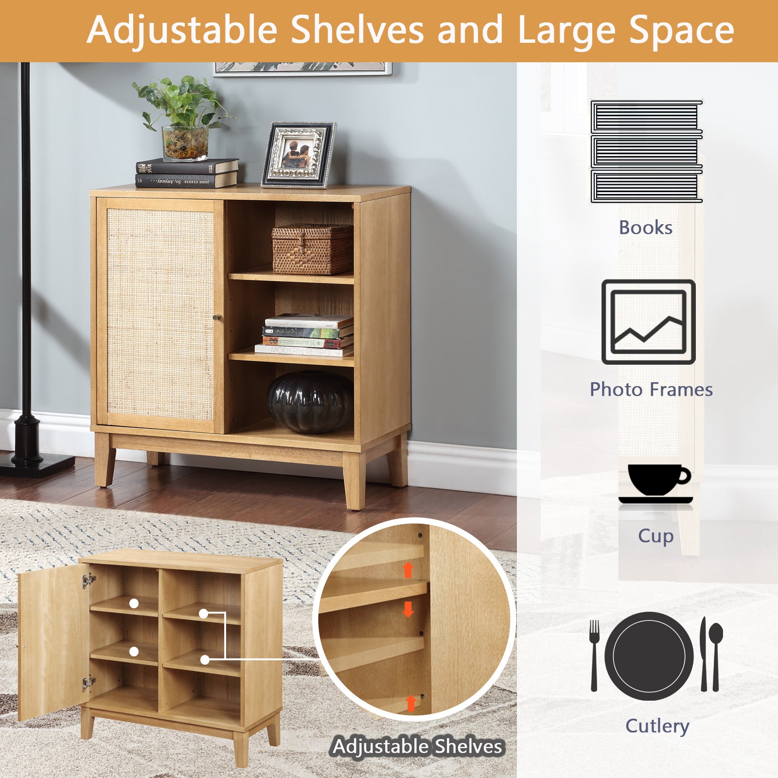 Buffet Cabinet with Storage,Storage Cabinet with natural-rubber wood