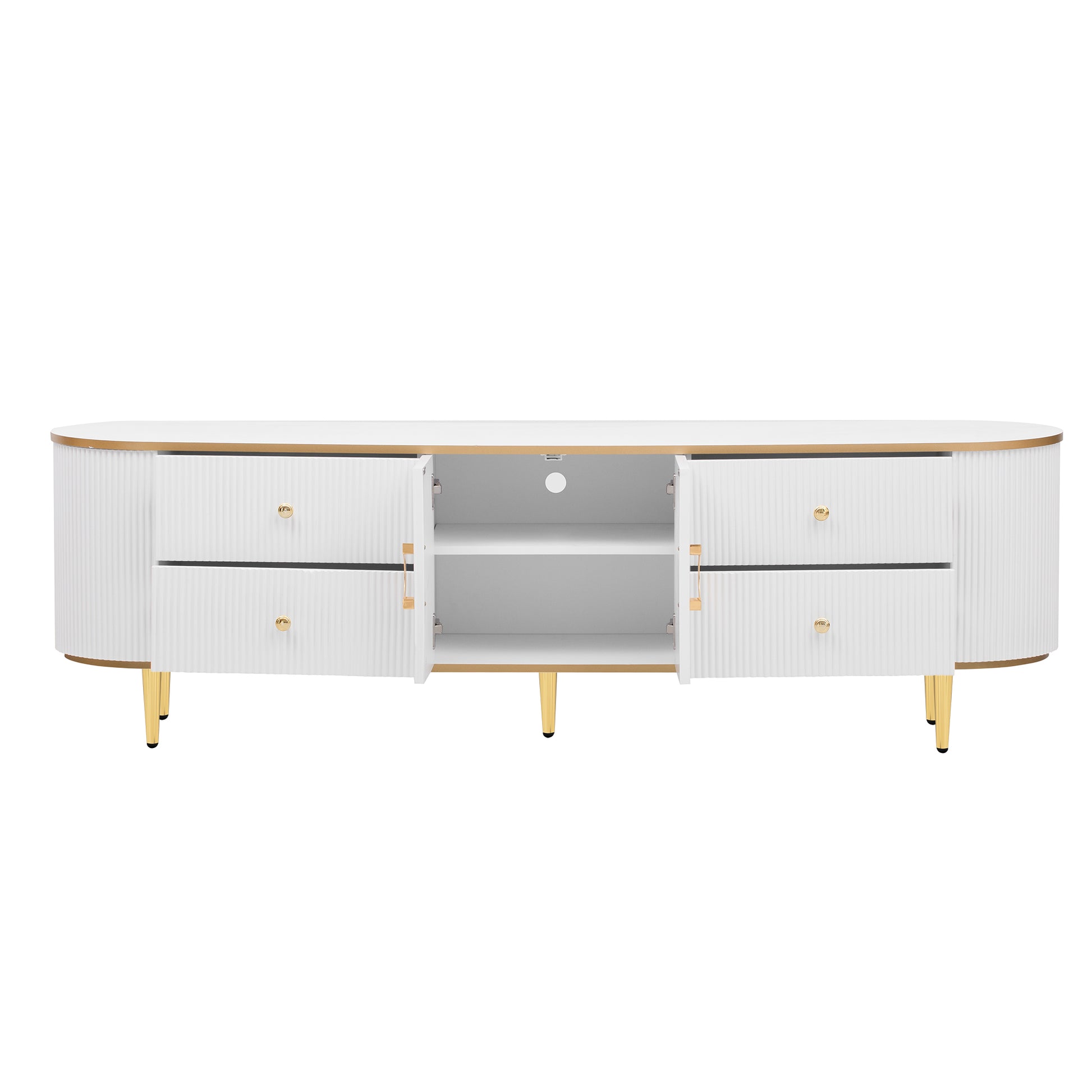 Modern Tv Stand For Tvs Up To 80 Inches, Entertainment Center With 4 Drawers And 1 Cabinet, Wood Tv Console Table With Metal Legs And Handles For Living Room White 70 79 Inches Mdf