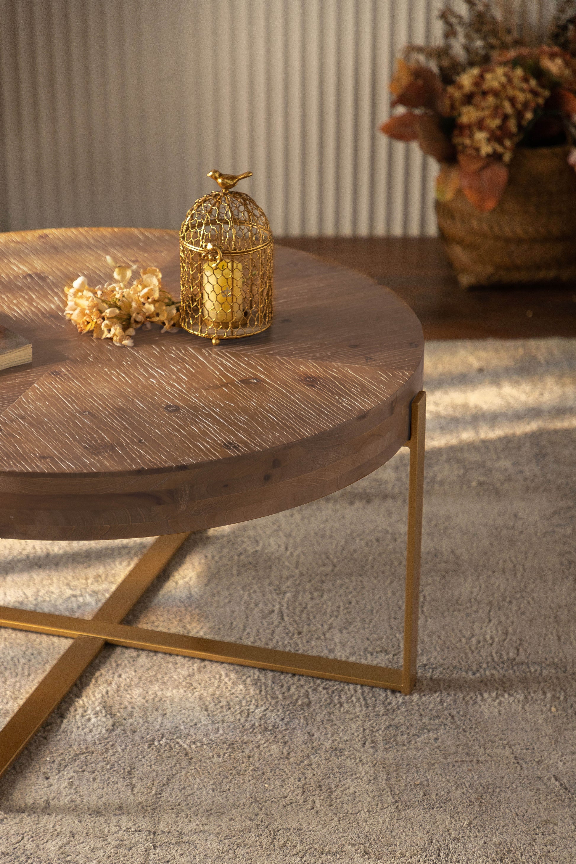 33.86"Modern Retro Splicing Round Coffee Table,Fir Wood Table Top With Gold Cross Legs Base Same Sku:W757127348 Gold Metal & Wood