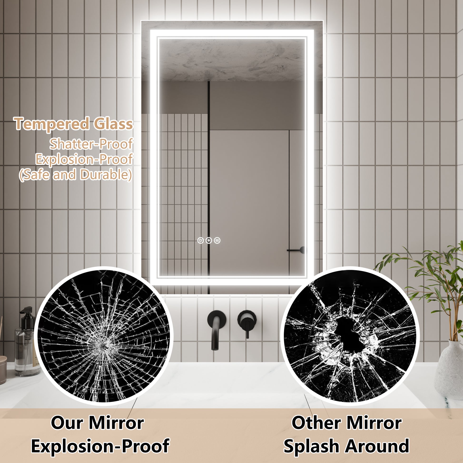 Led Bathroom Mirror, 24X36 Inch Bathroom Vanity Mirrors With Lights, Mirrors For Wall With Smart Touch Button, Anti Fog, Memory Function, Stepless Dimmable Makeup Mirror Horizontal Vertical White Aluminium