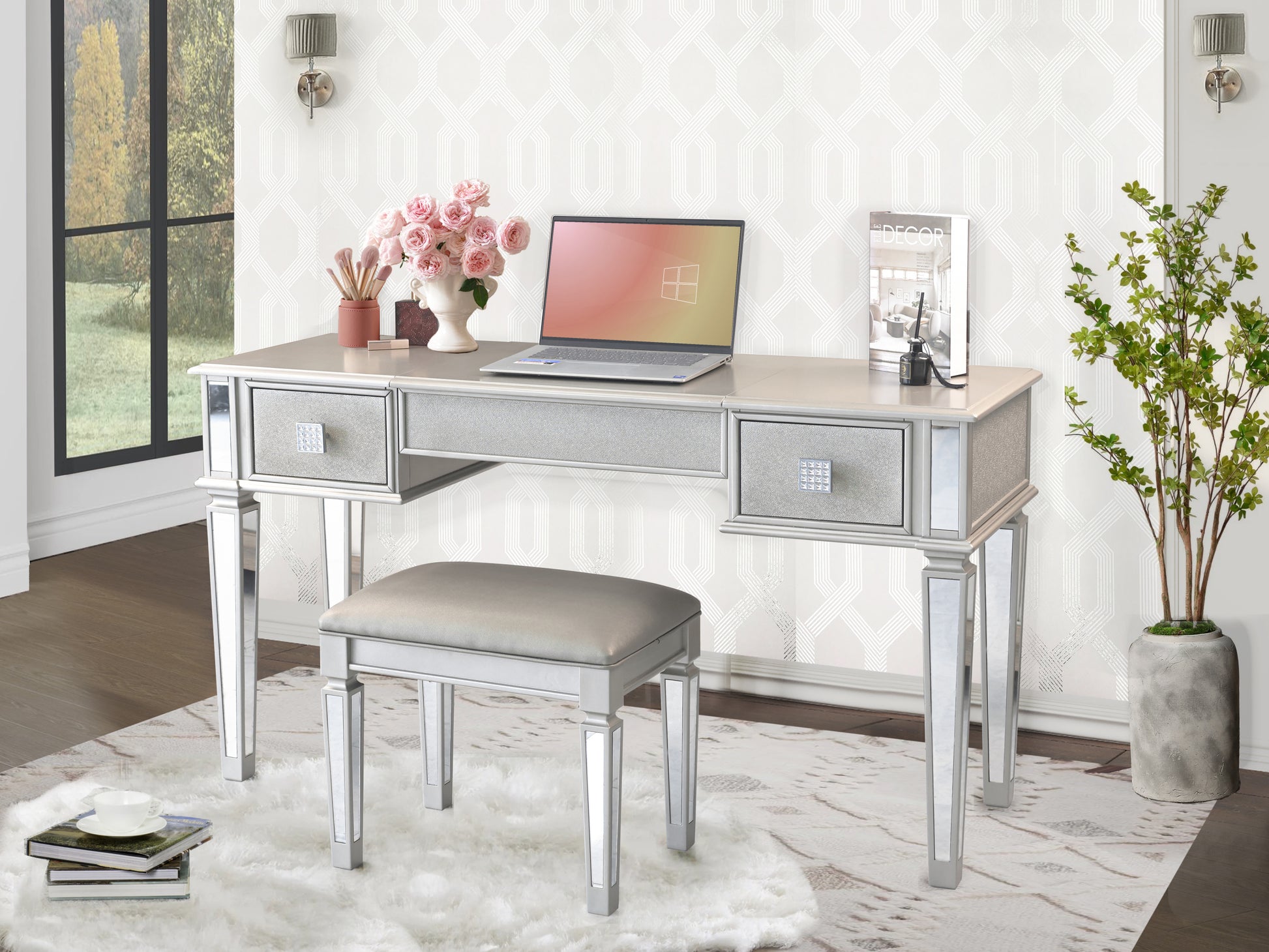 Mirrored Vanities Desk With Drawers, Bedroom Makeup Vanity Table Set With Mirror And Stool, Flip Up Dressing Table For Bedroom Makeup Room, Working Desk For Women, Girl Furniture Combo Hinged Silver White Drawer 2 Drawers Bedroom Felt Lined Drawers