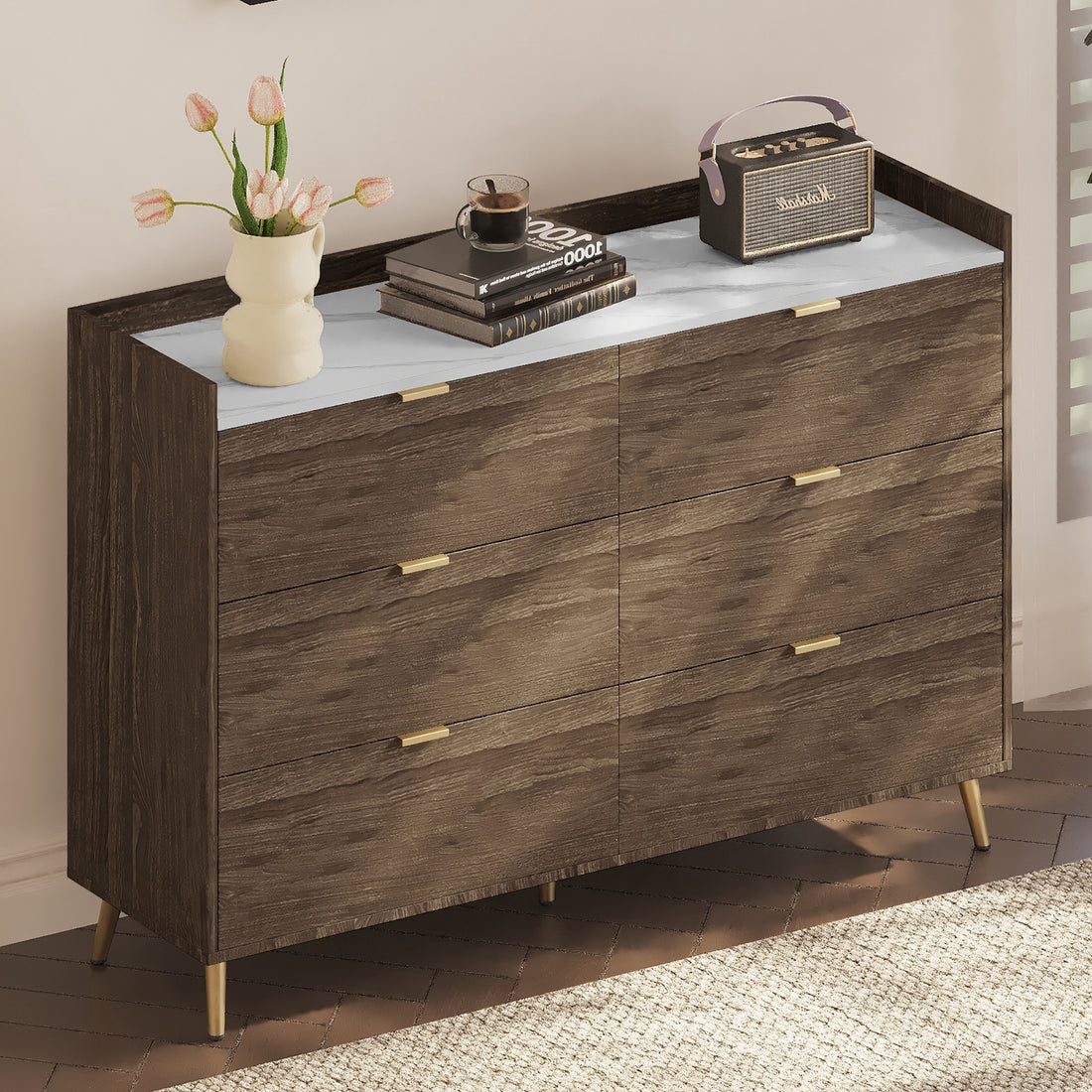 55" Long 6 Drawer Dresser With Marbling Worktop, Mordern Storage Cabinet With Metal Leg And Handle For Bedroom,Walnut Walnut Mdf Metal