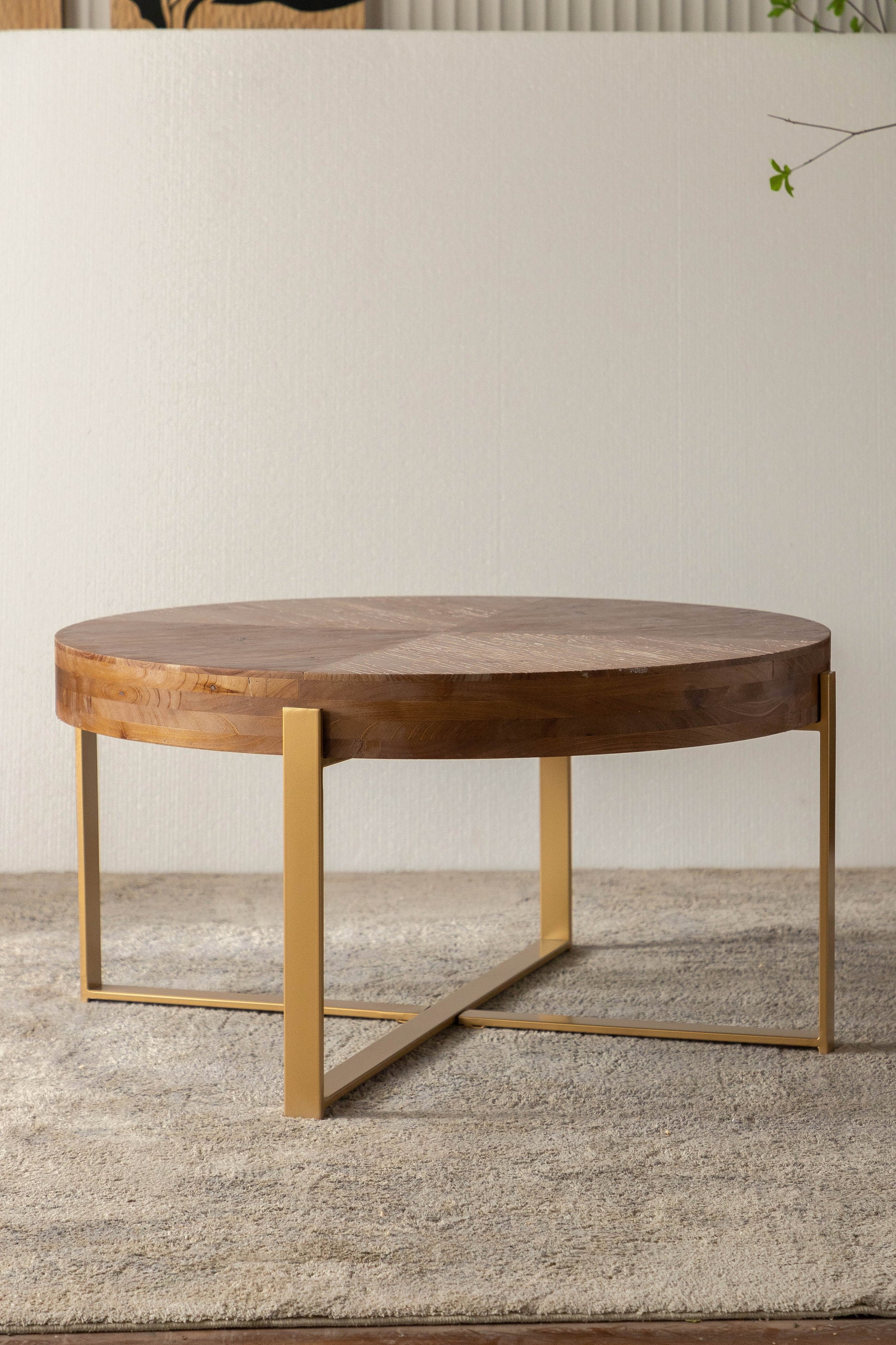 33.86"Modern Retro Splicing Round Coffee Table,Fir Wood Table Top With Gold Cross Legs Base Same Sku:W757127348 Gold Metal & Wood