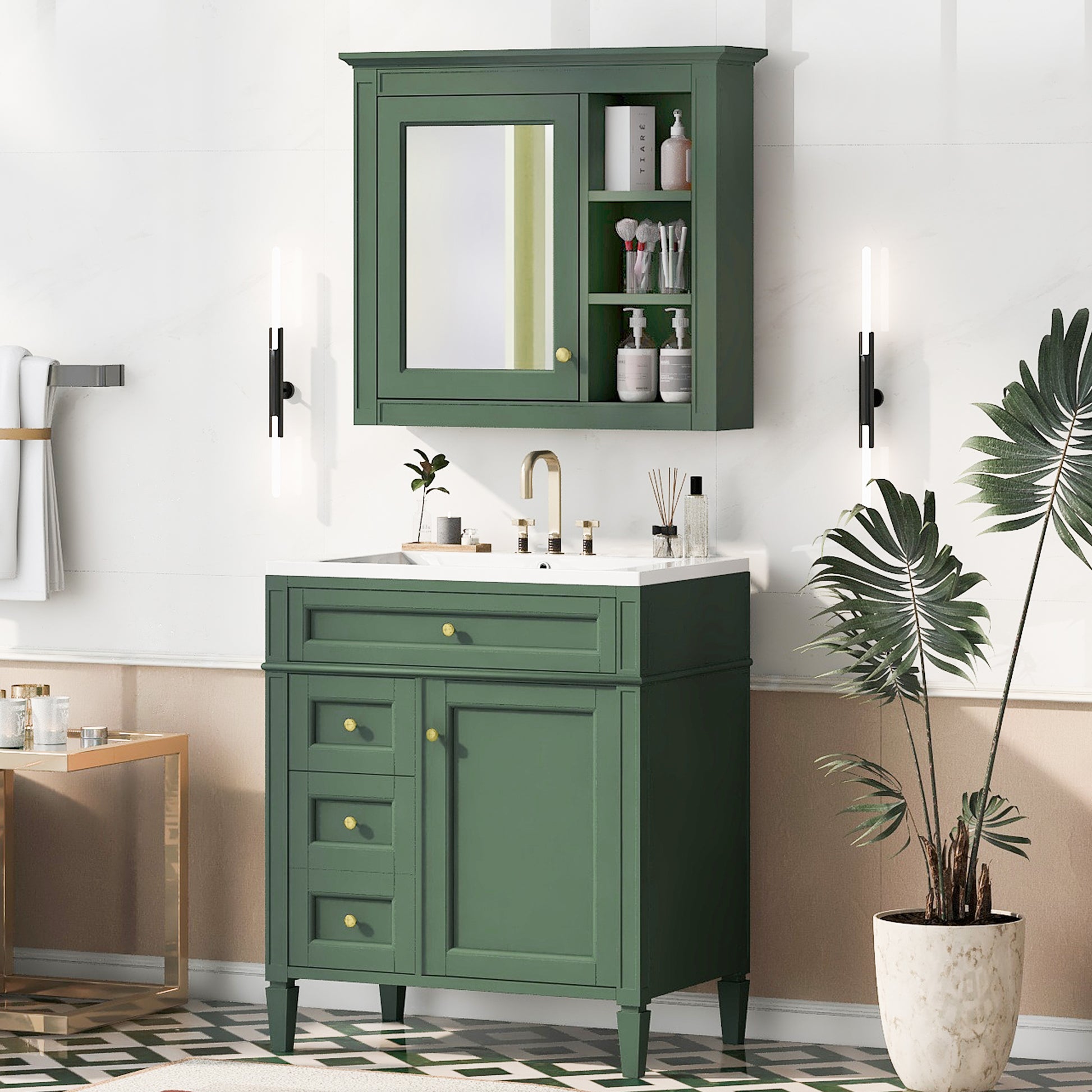 30'' Bathroom Vanity With Top Sink, Modern Bathroom Storage Cabinet With 2 Drawers And A Tip Out Drawer, Freestanding Vanity Set With Mirror Cabinet, Single Sink Bathroom Vanity 3 Green 2 5 Bathroom Freestanding Solid Wood Mdf Resin Painted