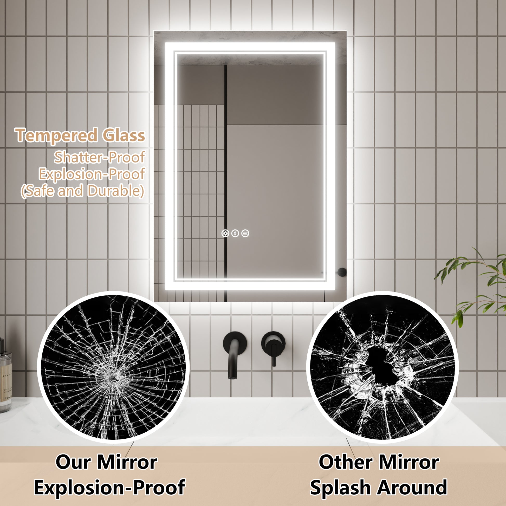 Led Bathroom Mirror, 20X28 Inch Bathroom Vanity Mirrors With Lights, Mirrors For Wall With Smart Touch Button, Anti Fog, Memory Function, Stepless Dimmable Makeup Mirror Horizontal Vertical White Aluminum