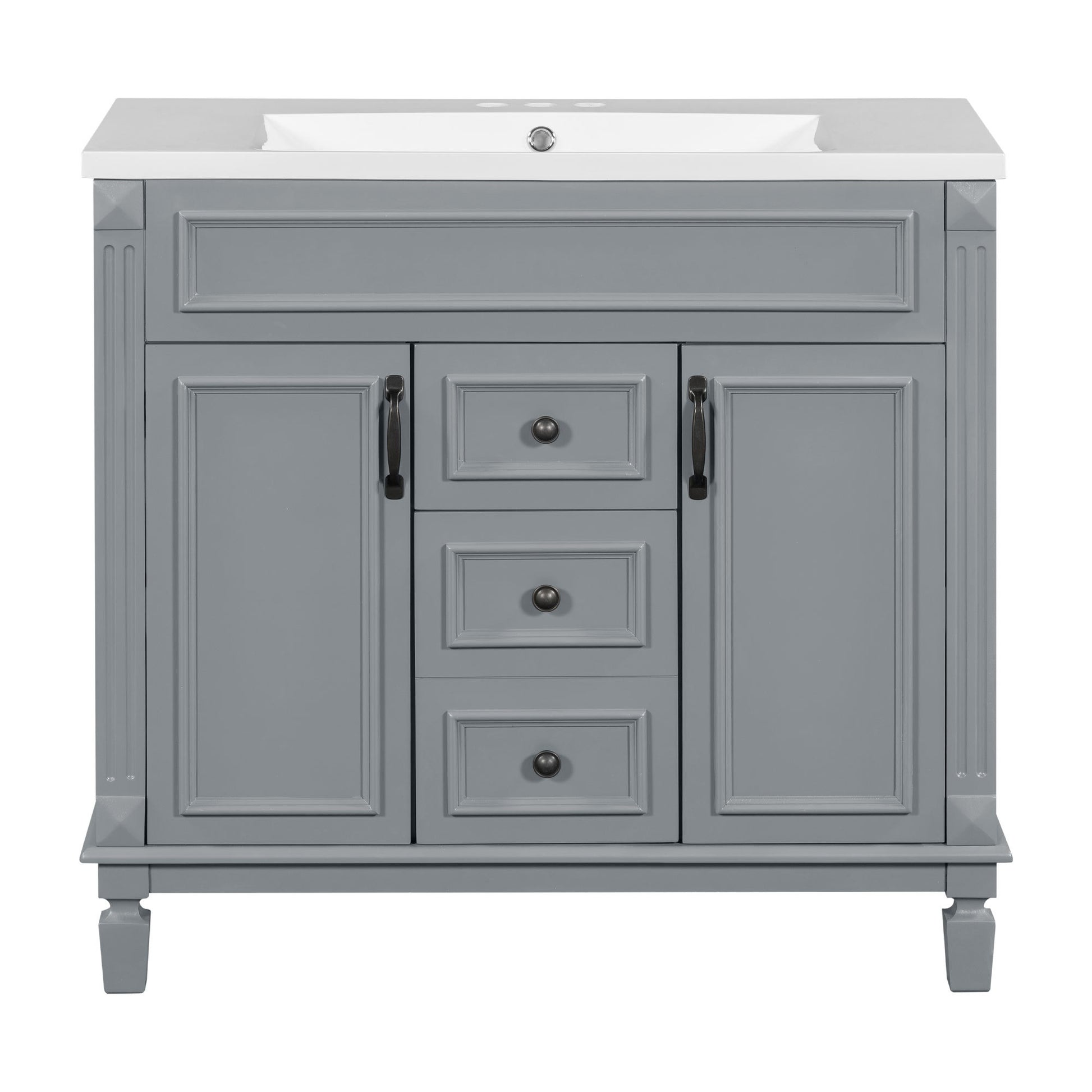 36'' Bathroom Vanity With Top Sink, Grey Mirror Cabinet, Modern Bathroom Storage Cabinet With 2 Soft Closing Doors And 2 Drawers, Single Sink Bathroom Vanity Grey Bathroom Mdf