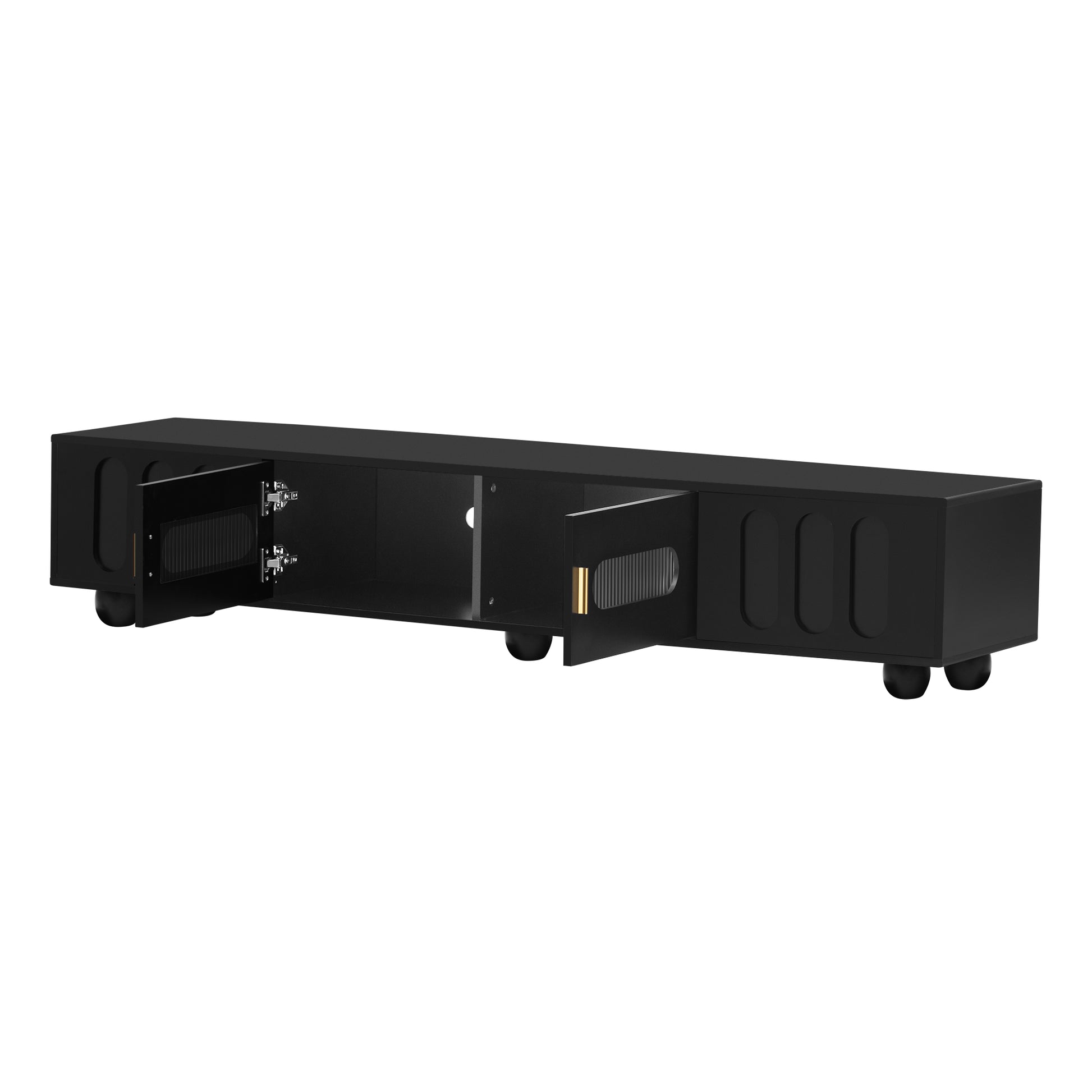 Modern Tv Stand For Tvs Up To 80 Inches, Entertainment Center With Glass Door, 2 Drawers And Cabinets, Wood Tv Storage Cabinet With Solid Wood Legs And Metal Handles For Living Room Black Mdf