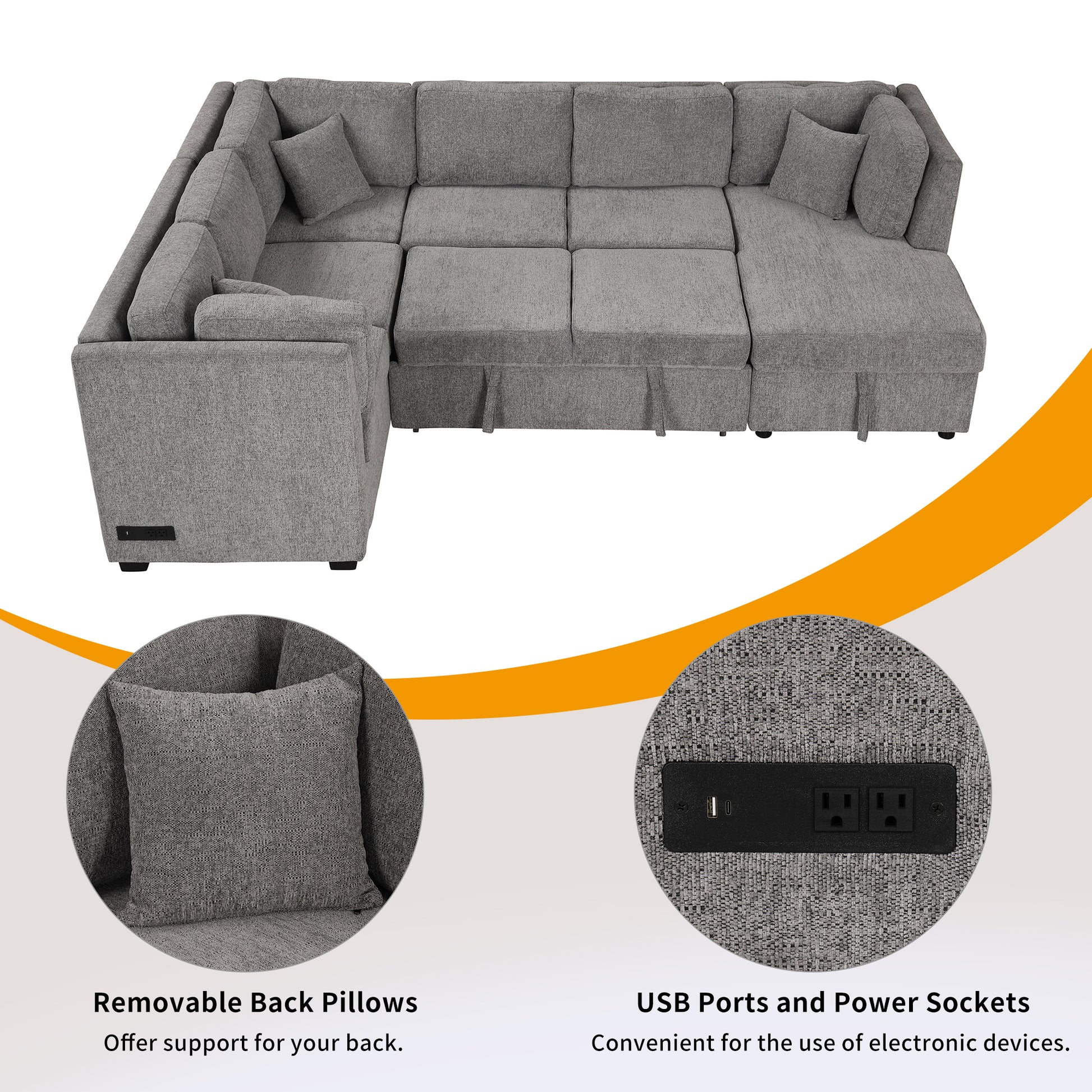 108.6" U Shaped Sectional Sofa Pull Out Sofa Bed With Two Usb Ports, Two Power Sockets, Three Back Pillows And A Storage Chaise For Living Room, Light Gray Light Gray Foam Chenille 5 Seat