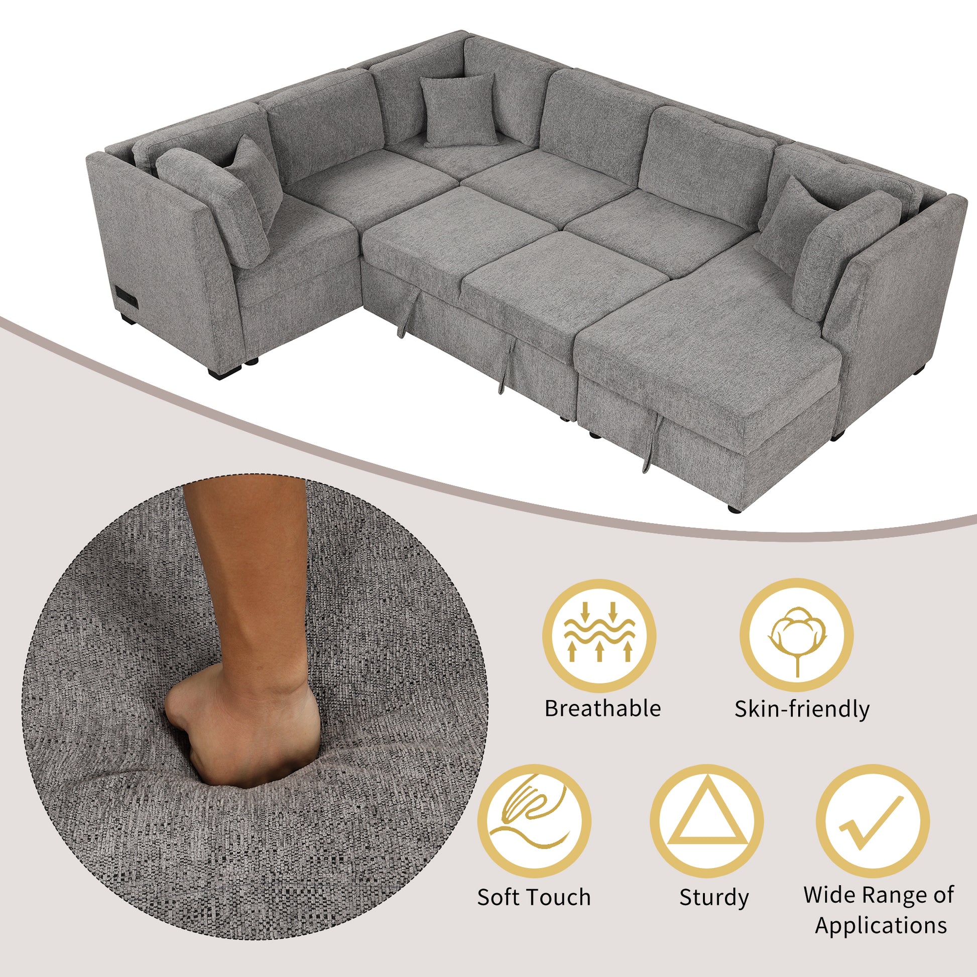 108.6" U Shaped Sectional Sofa Pull Out Sofa Bed With Two Usb Ports, Two Power Sockets, Three Back Pillows And A Storage Chaise For Living Room, Light Gray Light Gray Foam Chenille 5 Seat