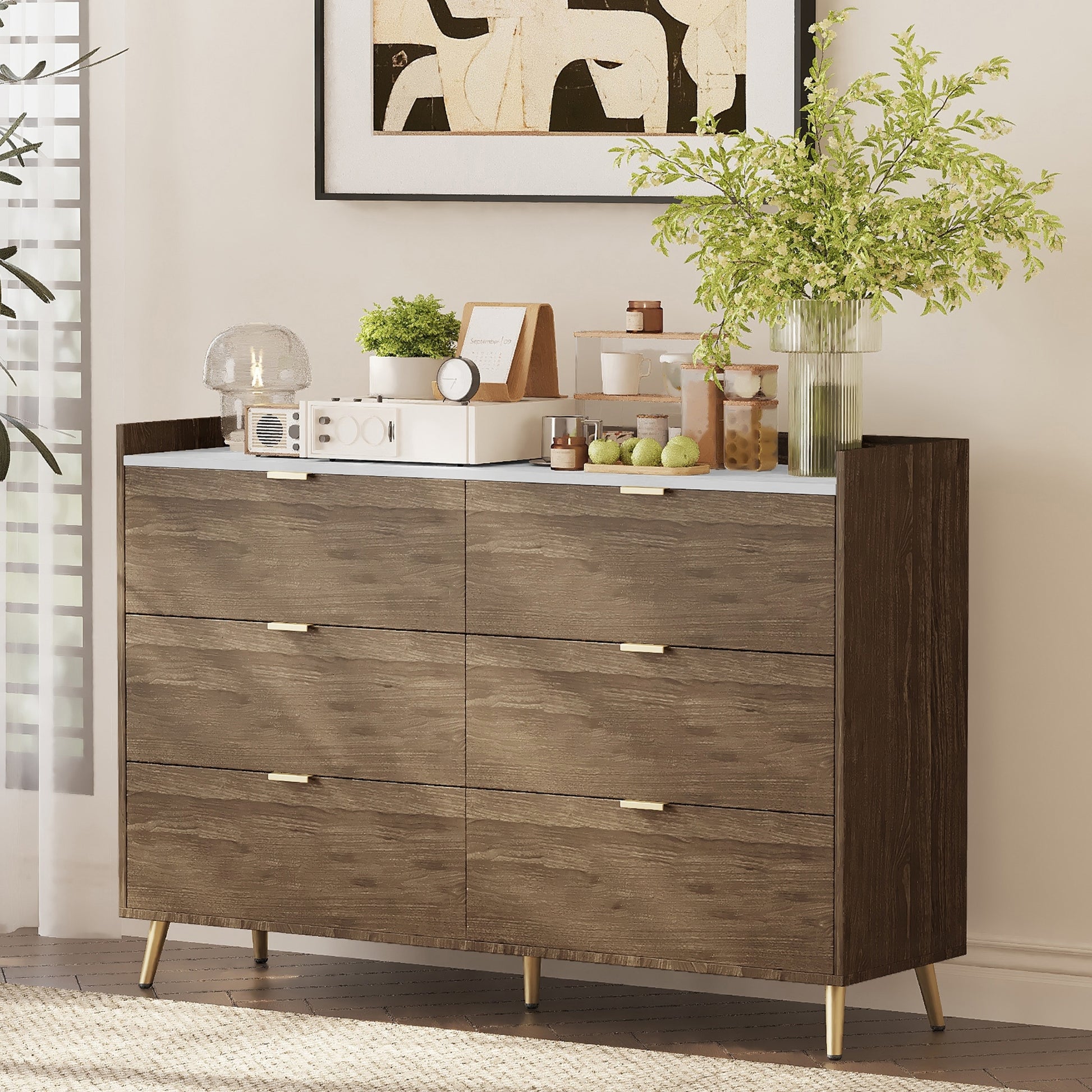 55" Long 6 Drawer Dresser With Marbling Worktop, Mordern Storage Cabinet With Metal Leg And Handle For Bedroom,Walnut Walnut Mdf Metal 55" Long 6 Drawer Dresser With Marbling Worktop, Mordern Storage Cabinet With Metal Leg And Handle For Bedroom,Walnut Walnut Mdf Metal