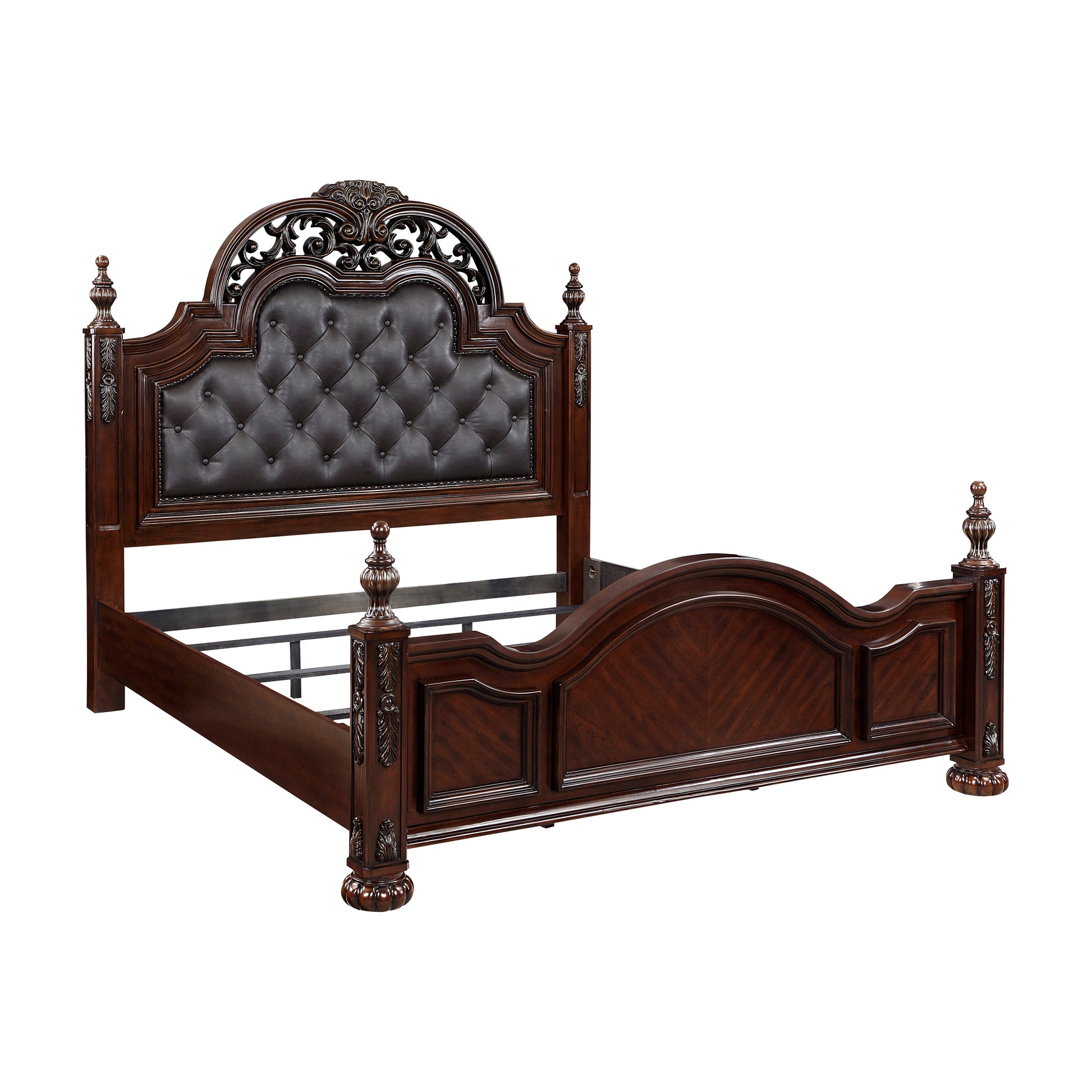 Formal Traditional Queen Bed 1Pc Button Tufted Upholstered Headboard Posts Cherry Finish Bedroom Furniture Carving Wood Design Box Spring Required Queen Cherry Wood Bedroom American Traditional,Traditional Faux Leather Wood