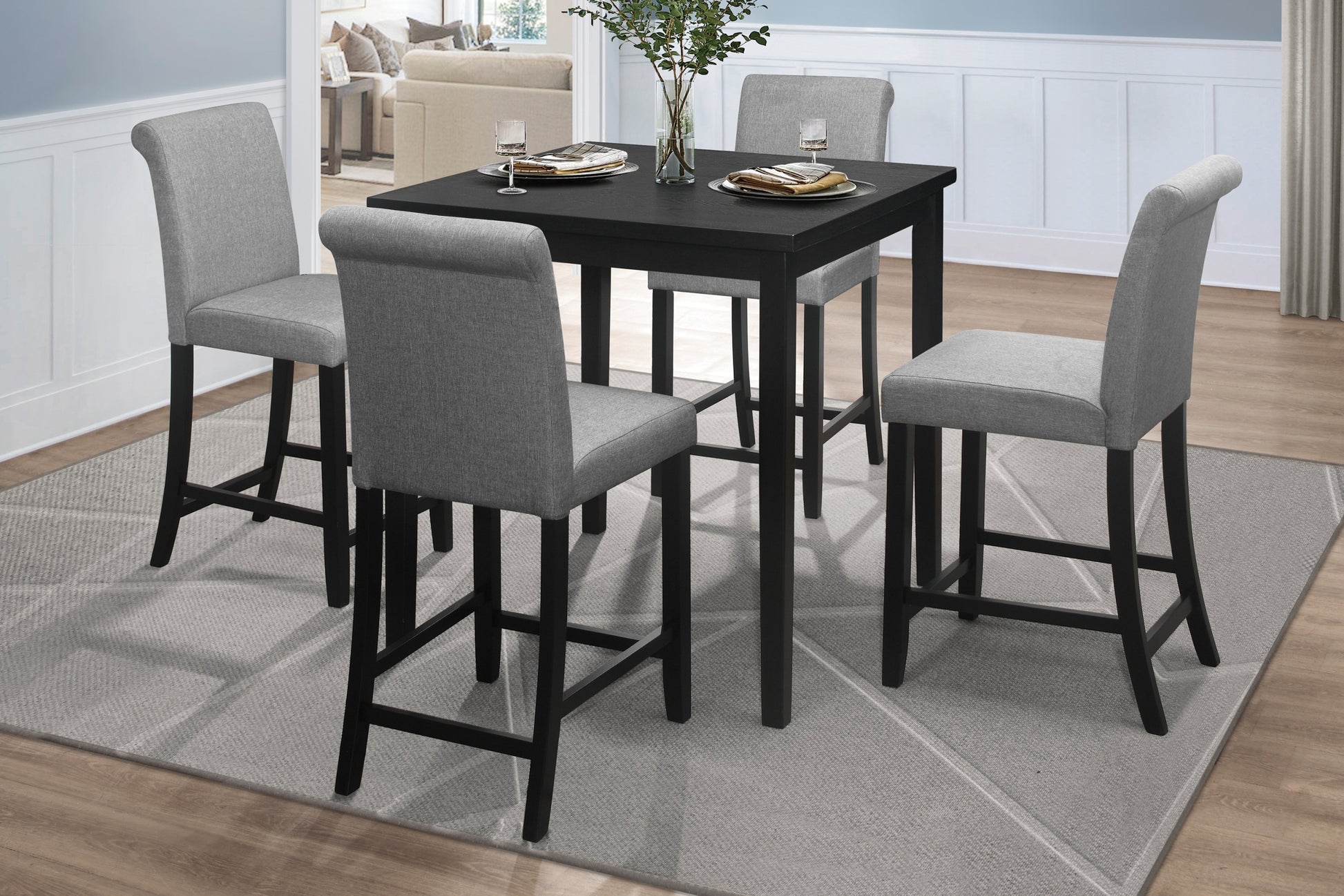 Counter Height Chairs Set Of 2 Black Finish Upholstered Gray Padded Seat Back Transitional Dining Kitchen Wooden Furniture Gray Dining Room Casual,Transitional Wood