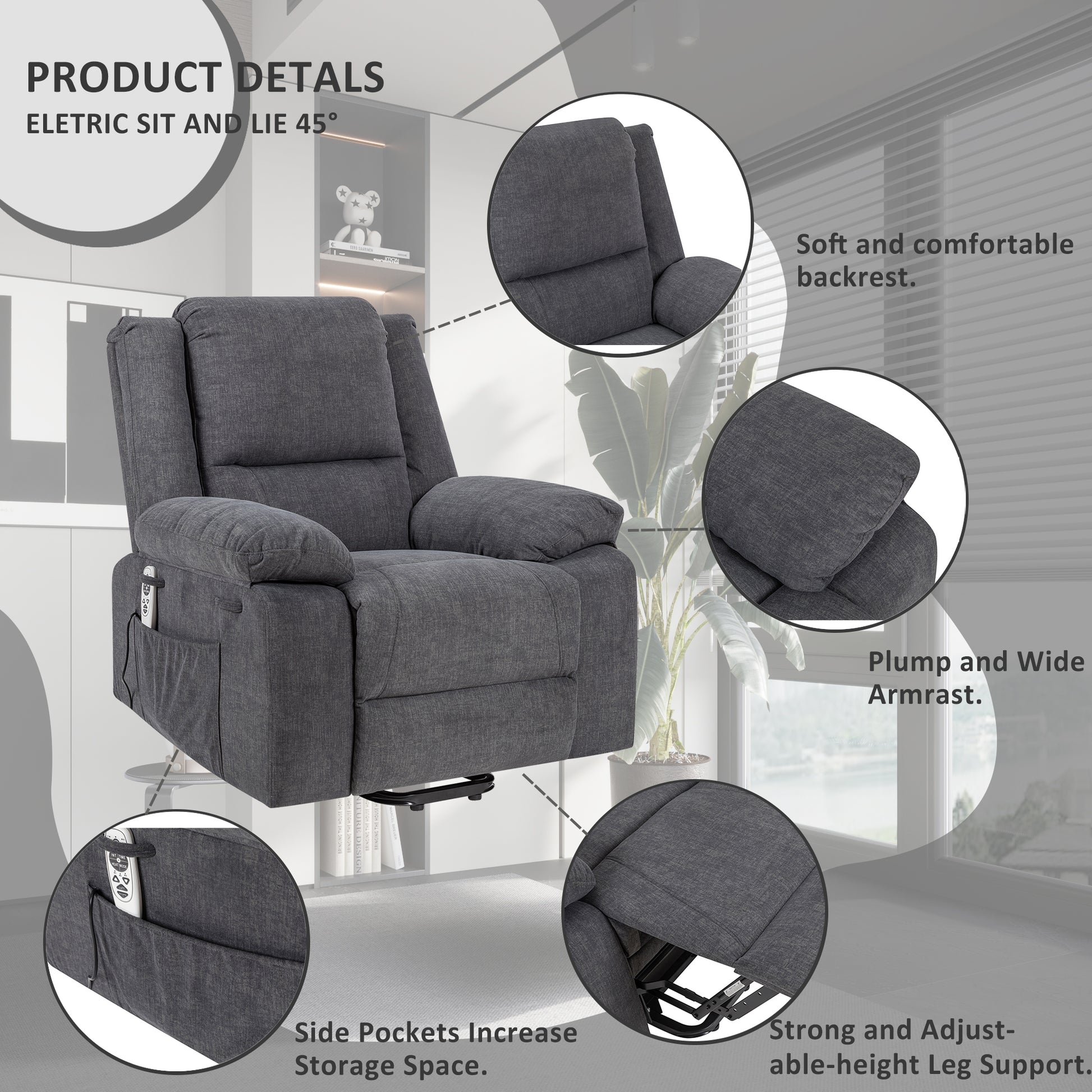 Electric Power Recliner Chair With Massage For Elderly ,Remote Control Multi Function Lifting, Timing, Cushion Heating Chair With Side Pocket Dark Grey Dark Grey Power Remote Metal Primary Living Space Soft American Design Pillow Top Arms Cat Scratch