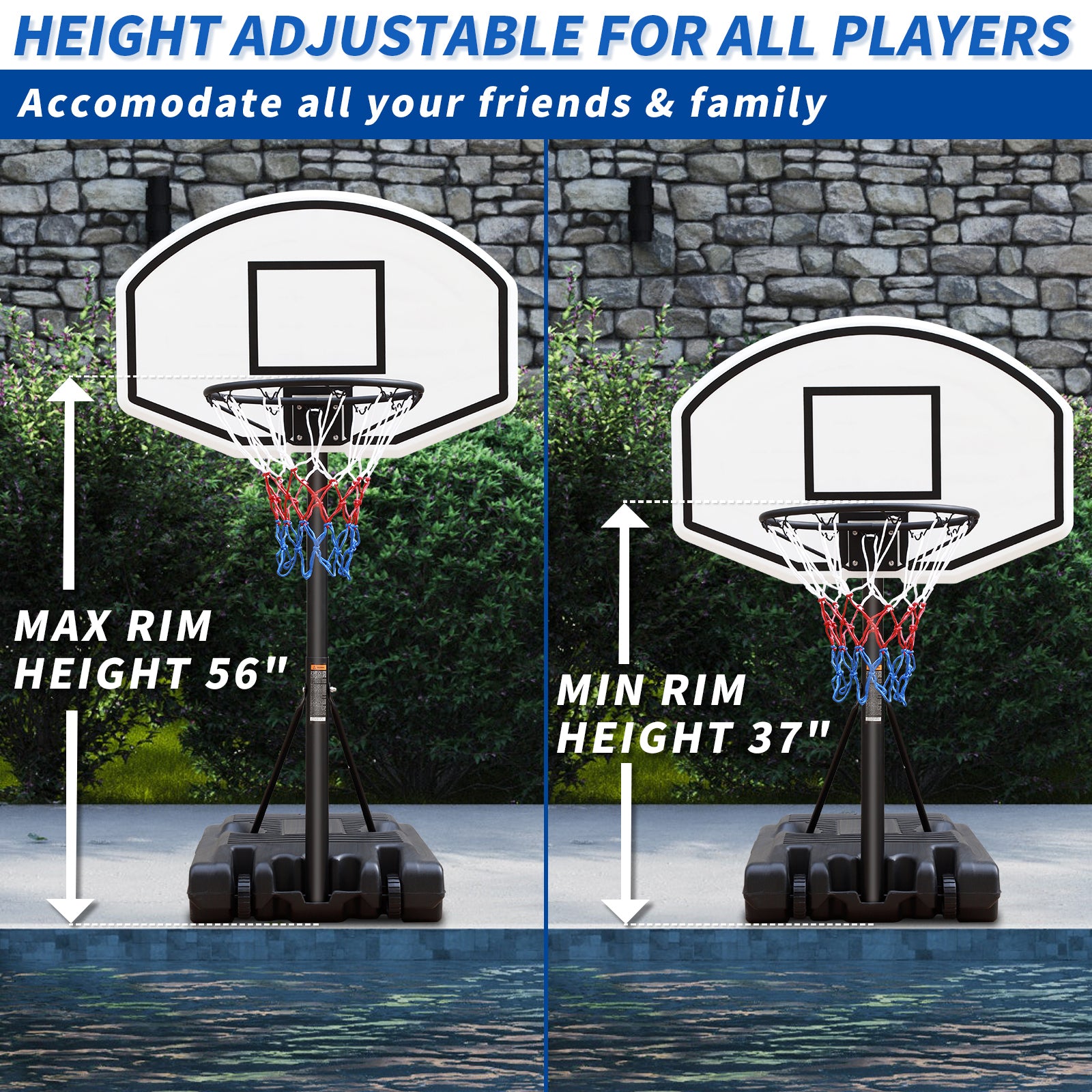 Portable Poolside Basketball Hoop Swimming Pool 3.1Ft To 4.7Ft Height Adjustable Basketball System Goal Stand For Kids White Black Steel