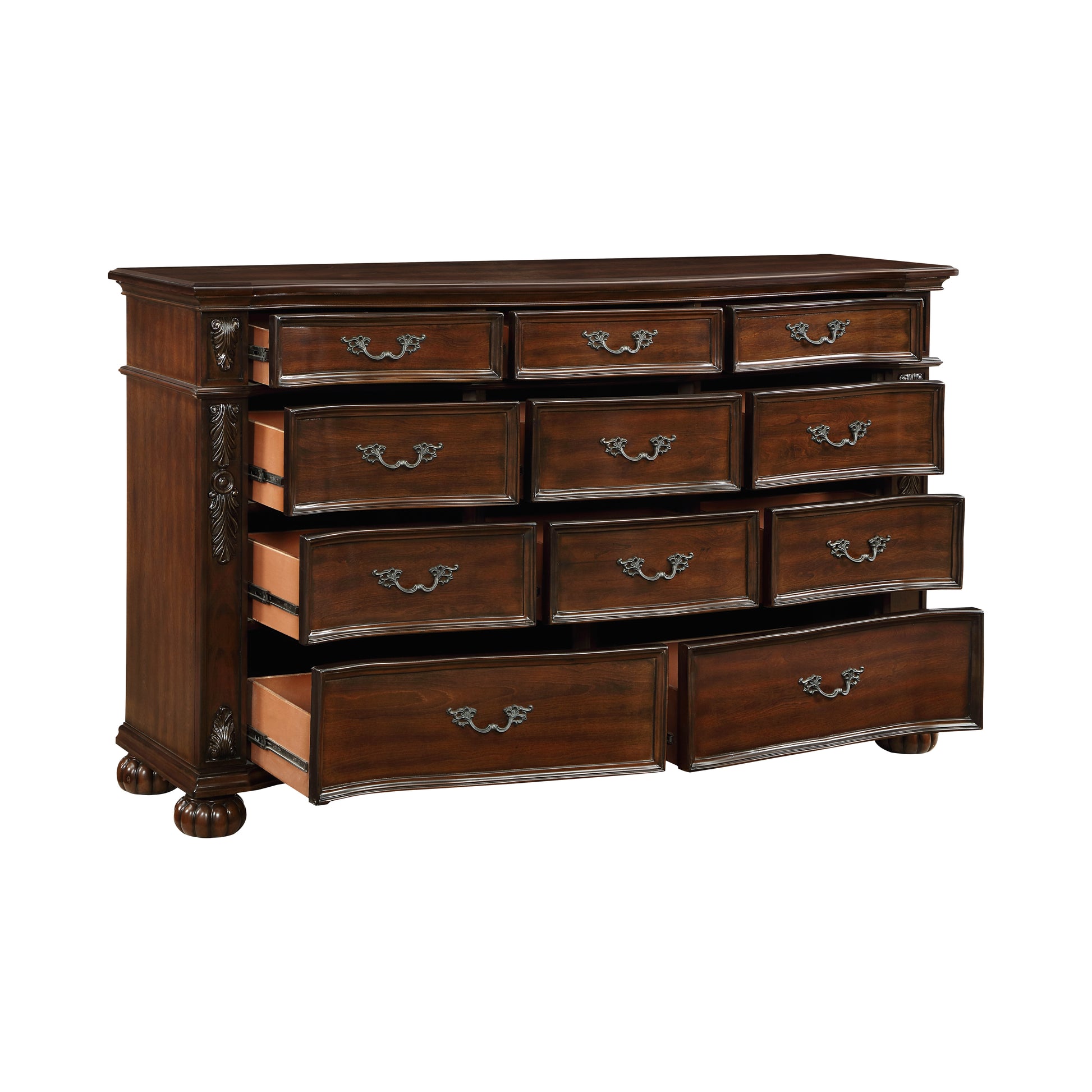 Classic Traditional 1Pc Dresser Of 11 Drawers Cherry Finish Formal Bedroom Furniture Carving Wood Design Cherry Bedroom Ornate Traditional,Traditional Wood