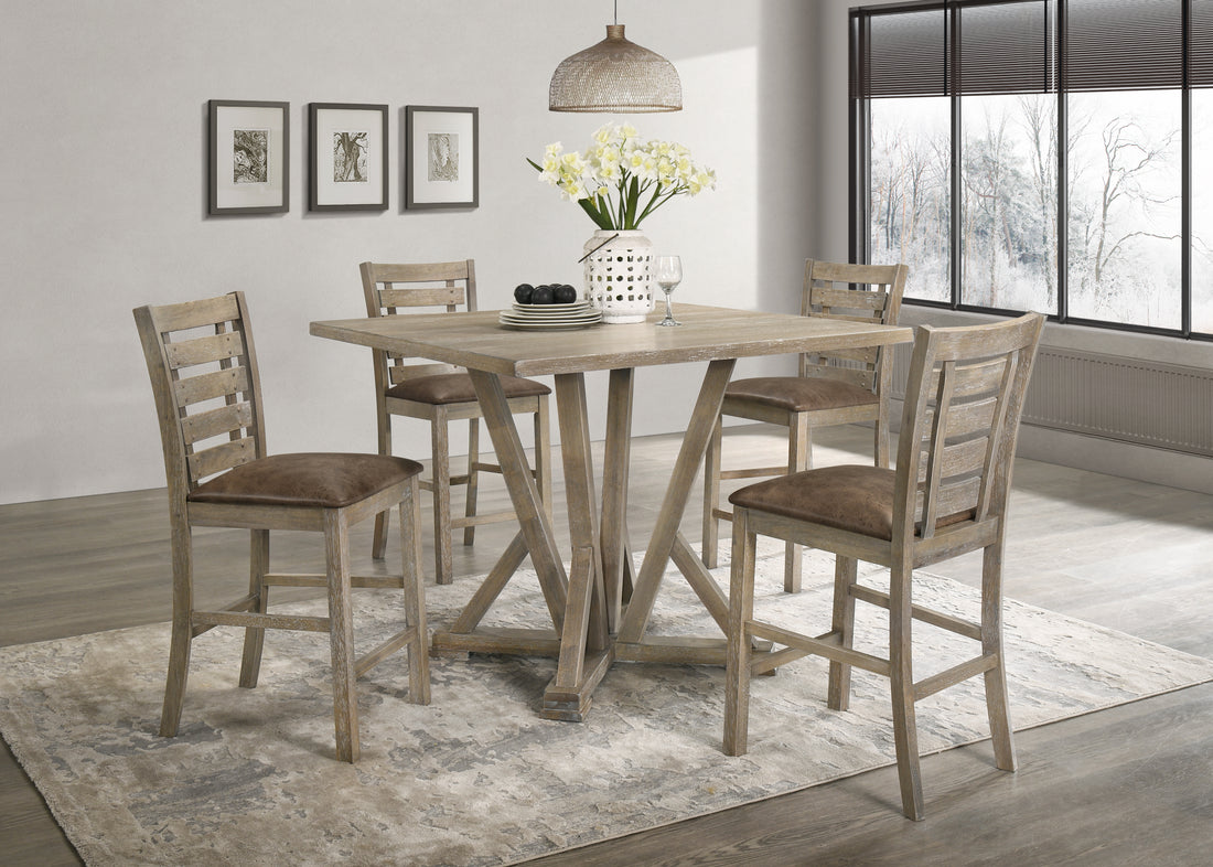 5Pcs Set Counter Table Set Square Counter Table Solid Wood Modern Farmhouse Rustic Look Distressed Look Light Brown Dining Room Fixed Table Rubberwood Square Dining Table With Chair Wood Grayish Brown Ladder Back Seats 4 48 Inches American