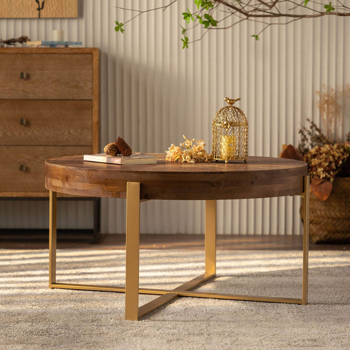 33.86"Modern Retro Splicing Round Coffee Table,Fir Wood Table Top With Gold Cross Legs Base Same Sku:W757126236 Gold Fir Metal & Wood