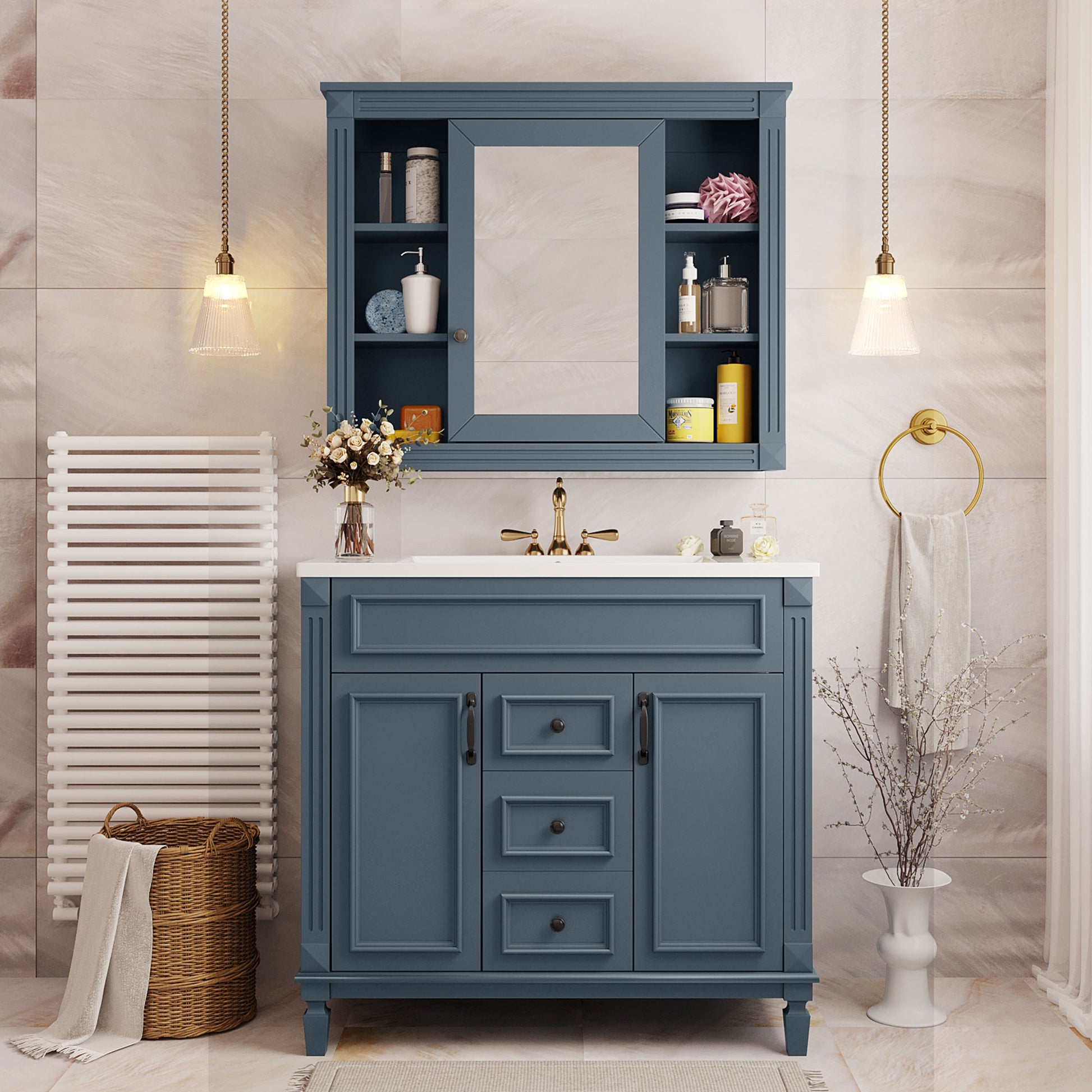 36'' Bathroom Vanity With Top Sink, Royal Blue Mirror Cabinet, Modern Bathroom Storage Cabinet With 2 Soft Closing Doors And 2 Drawers, Single Sink Bathroom Vanity Blue Bathroom Modern Solid Wood
