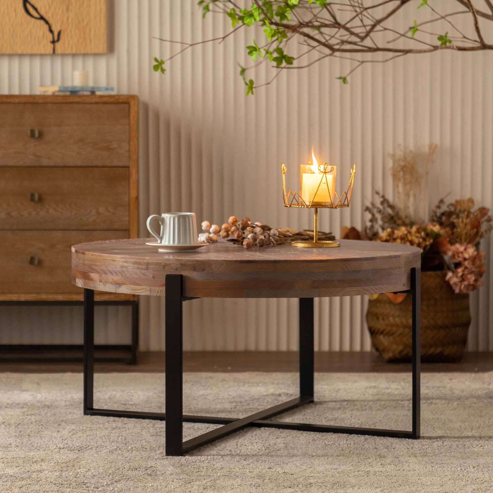 33.86"Modern Retro Splicing Round Coffee Table, Fir Wood Table Top With Black Cross Legs Base Same Sku:W757126237 Black Natural Fir Metal & Wood