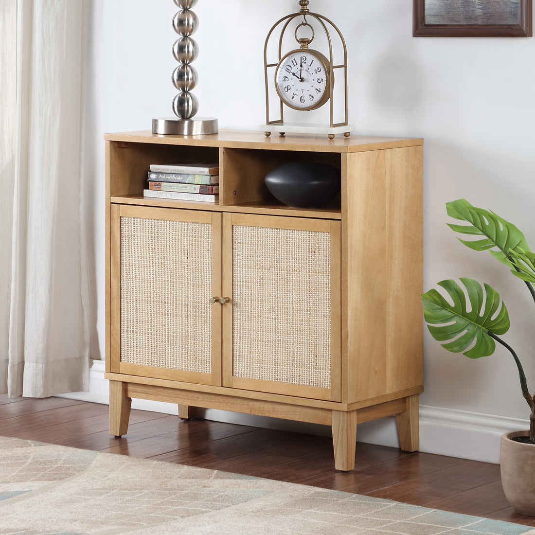 Buffet Cabinet With Storage,Storage Cabinet With Natural Rattan Decorated Doors,Rattan Cabinet With Adjustable Shelf,Sideboard For Living Room,Kitchen,Hallway,2 Doors, Storage, Natural Natural Rubber Wood