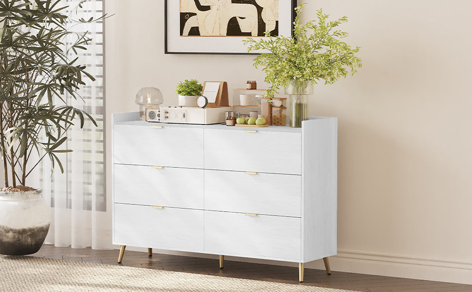 55" Long 6 Drawer Dresser With Marbling Worktop, Mordern Storage Cabinet With Metal Leg And Handle For Bedroom, White White Mdf Metal