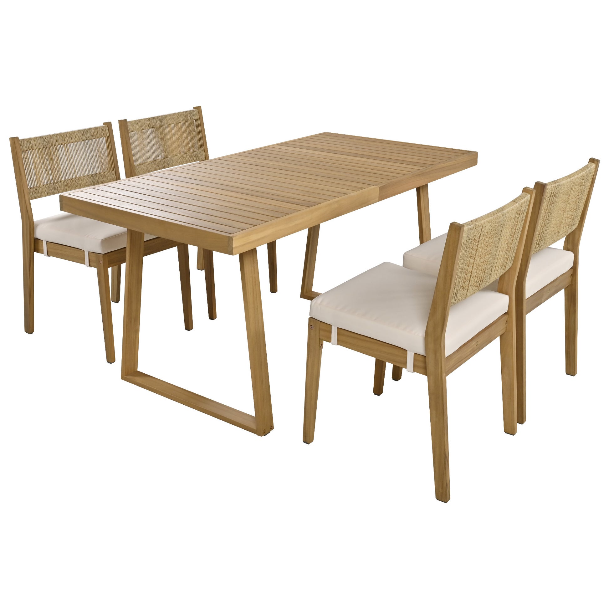 Multi Person Outdoor Acacia Wood Dining Table And Chair Set, Thick Cushions, Suitable For Balcony, Vourtyard, And Garden. Beige Acacia Wood