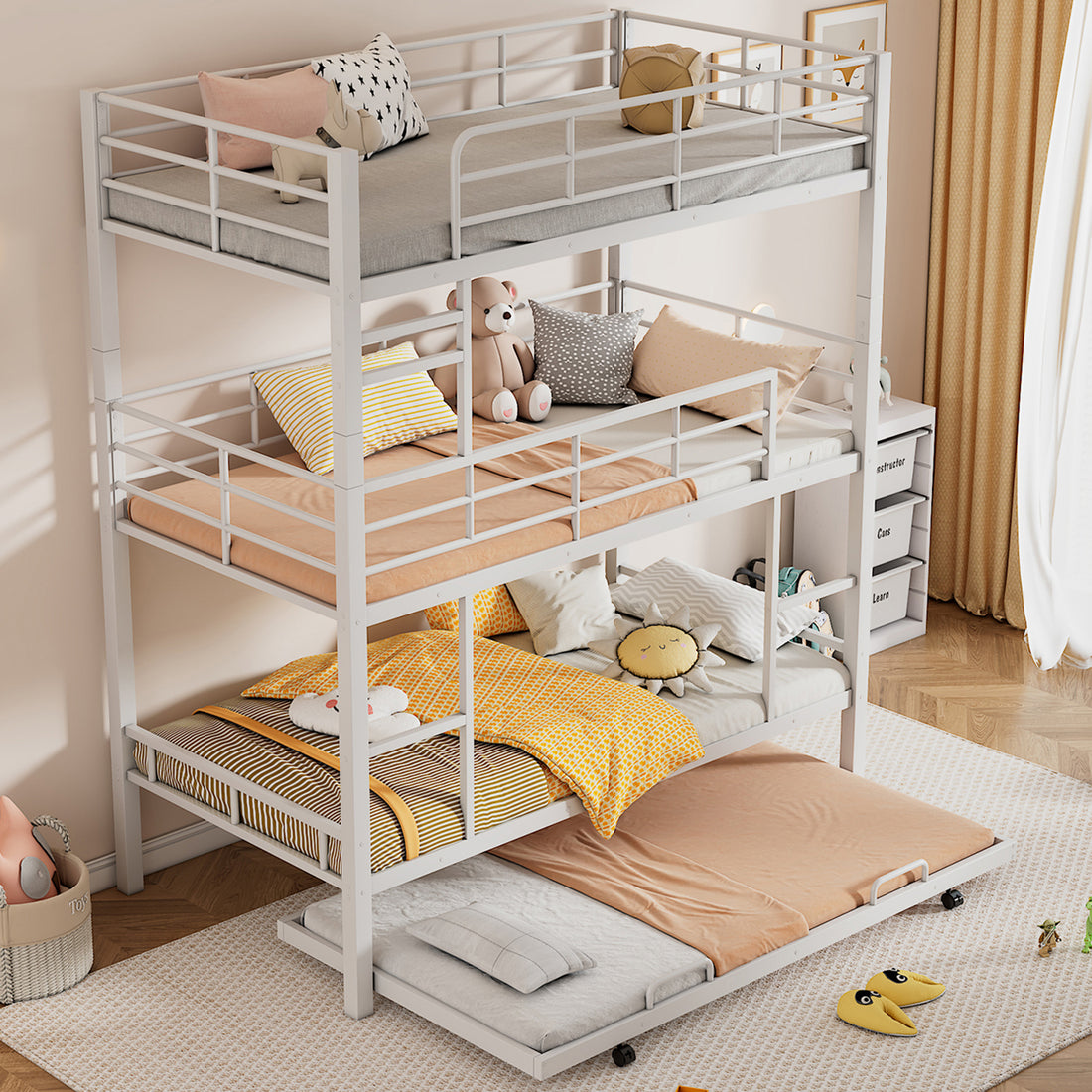 Metal Twin Size Triple Bunk Bed With Trundle, White Antique White Metal