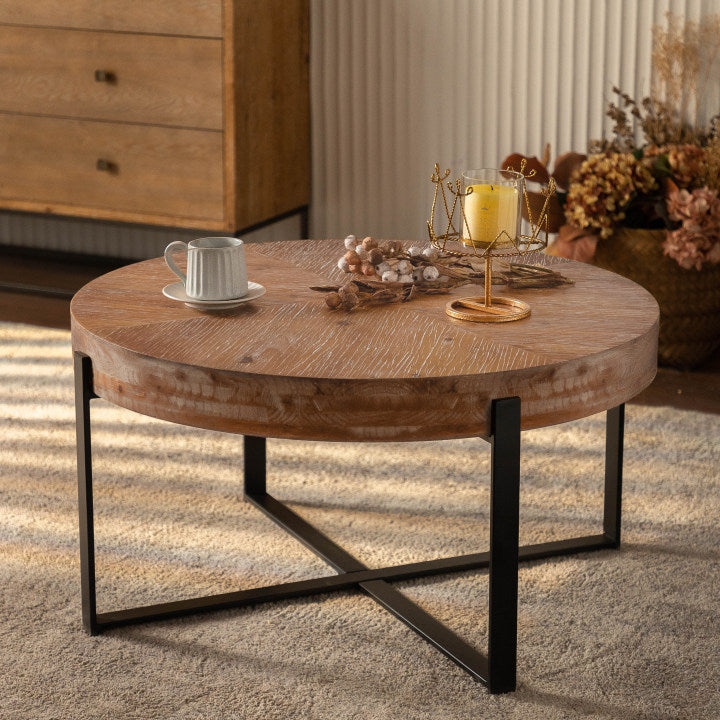 33.86"Modern Retro Splicing Round Coffee Table, Fir Wood Table Top With Black Cross Legs Base Same Sku:W757126237 Black Natural Fir Metal & Wood