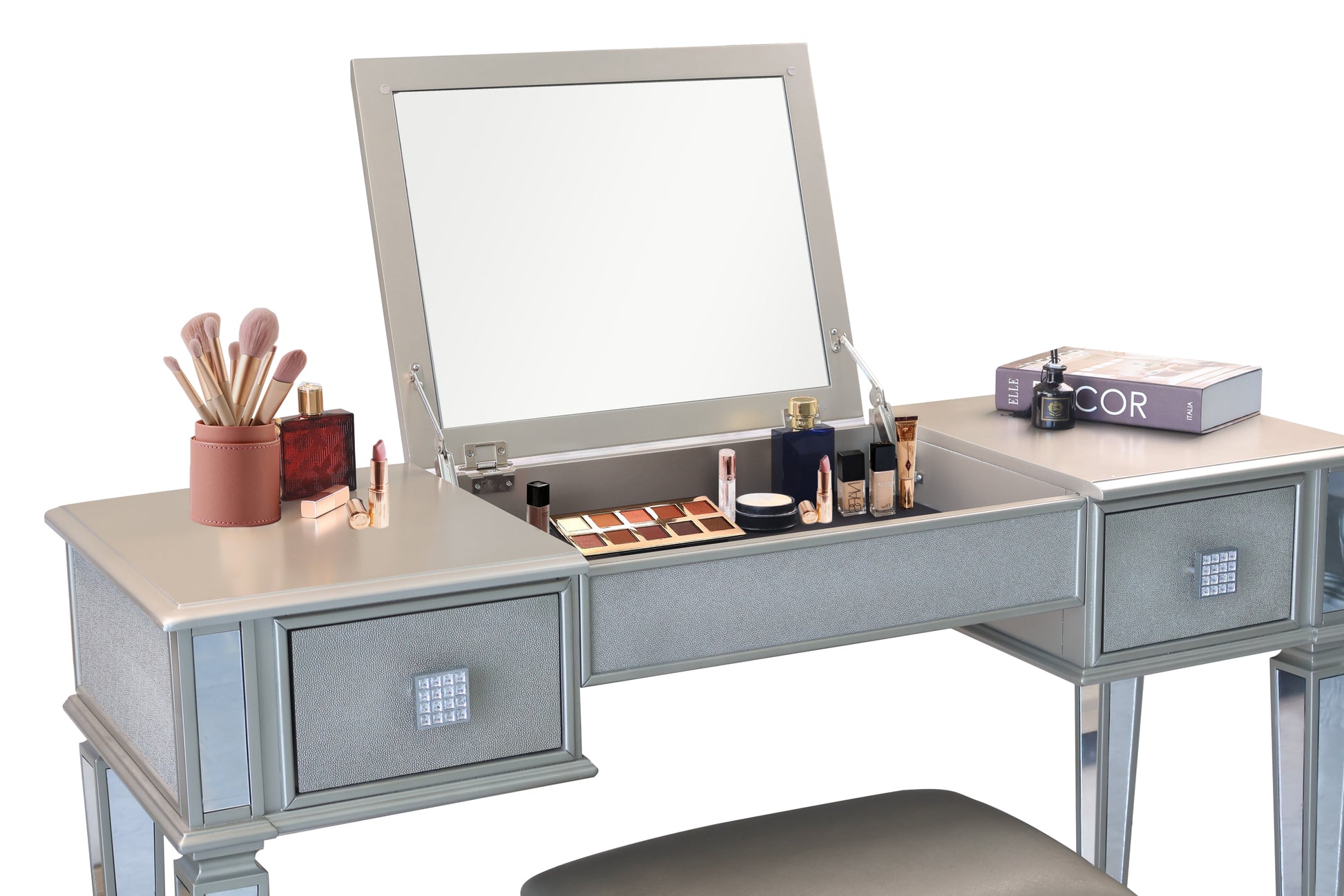 Mirrored Vanities Desk With Drawers, Bedroom Makeup Vanity Table Set With Mirror And Stool, Flip Up Dressing Table For Bedroom Makeup Room, Working Desk For Women, Girl Furniture Combo Hinged Silver White Drawer 2 Drawers Bedroom Felt Lined Drawers