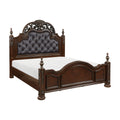 Formal Traditional Queen Bed 1Pc Button Tufted Upholstered Headboard Posts Cherry Finish Bedroom Furniture Carving Wood Design Box Spring Required Queen Cherry Wood Bedroom American Traditional,Traditional Faux Leather Wood